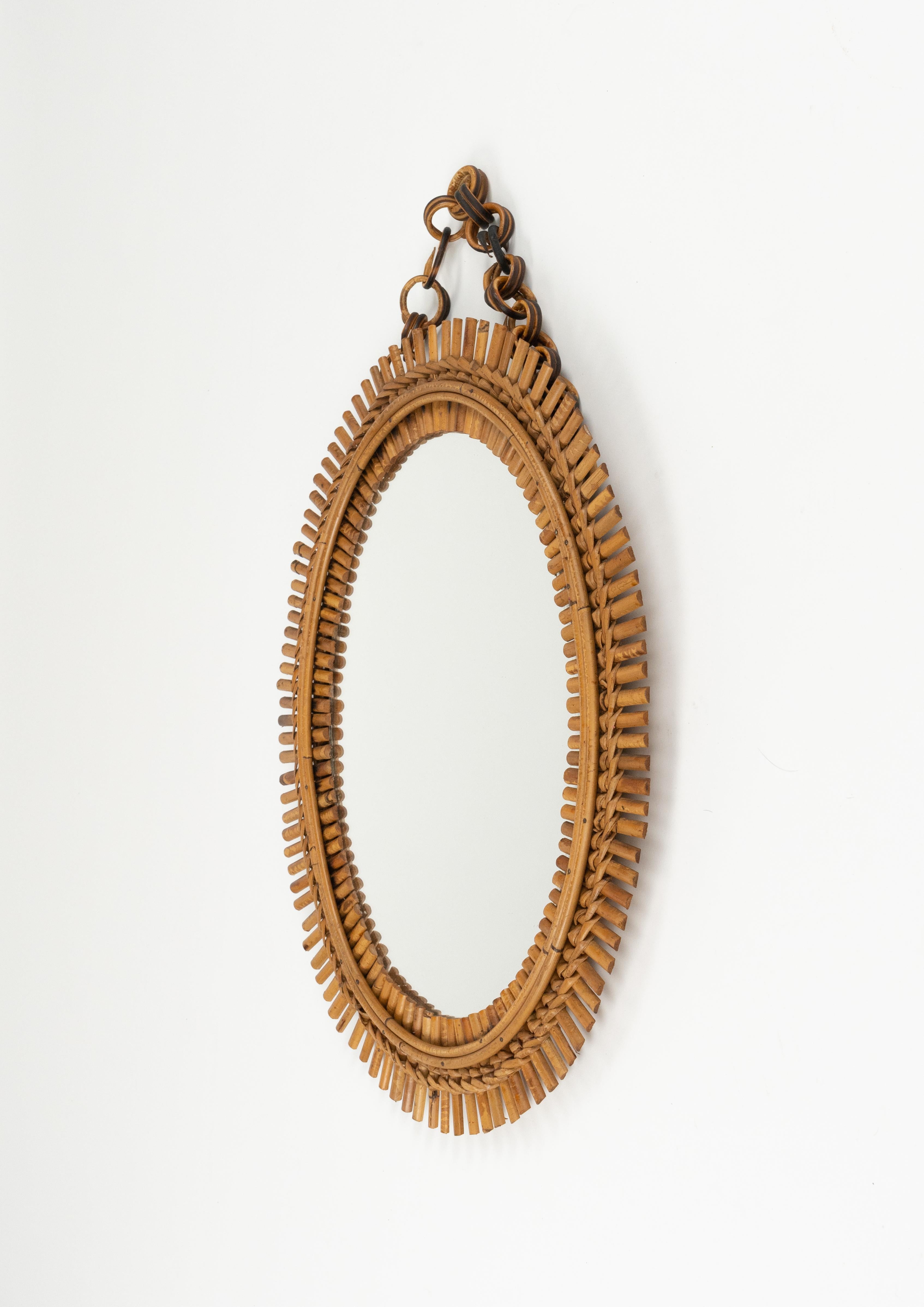 Mid-20th Century Midcentury Rattan and Bamboo Oval Wall Mirror with Chain, Italy 1960s For Sale