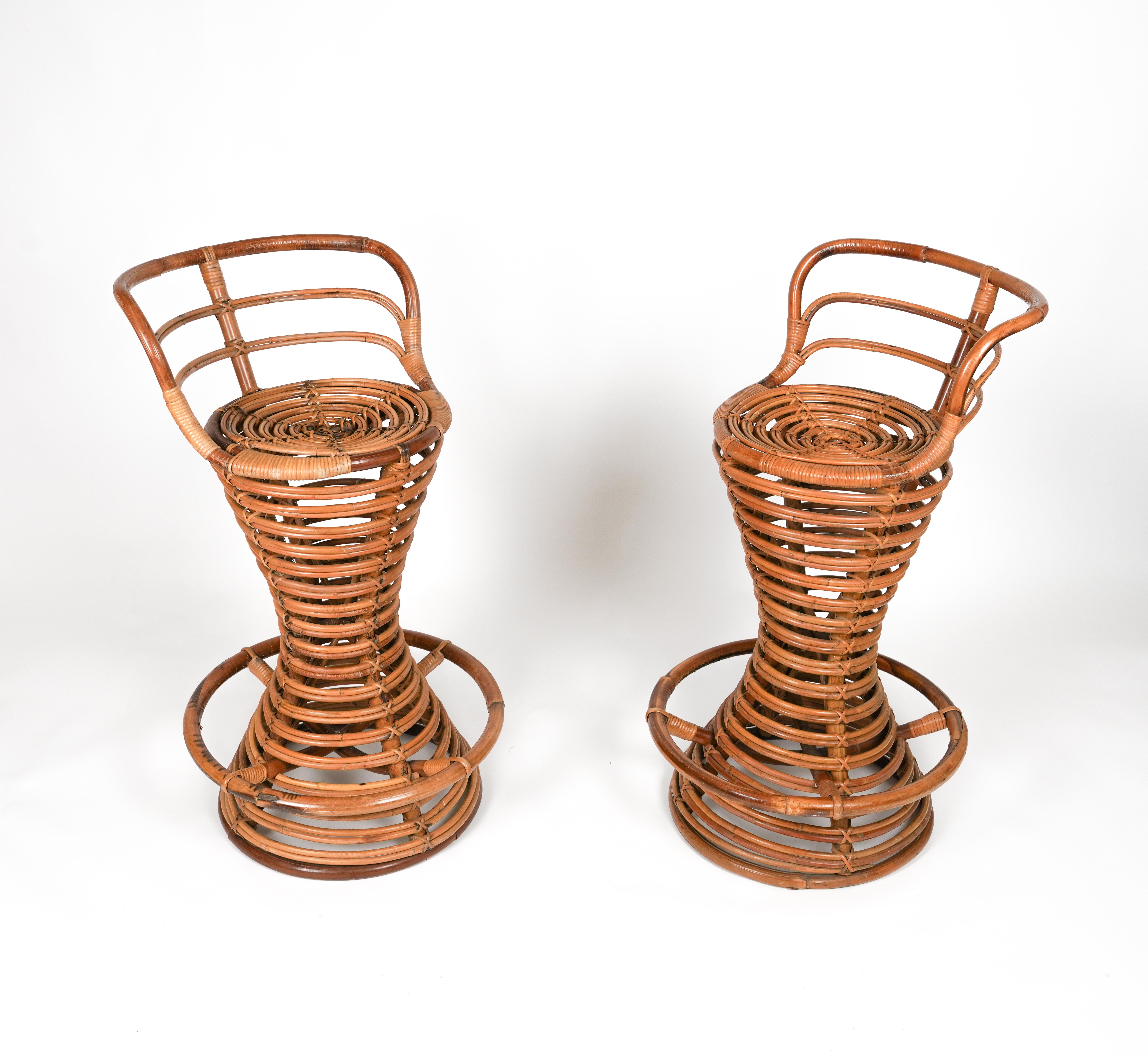 Midcentury Rattan and Bamboo Pair of Bar Stools Tito Agnoli Style, Italy 1960s For Sale 6