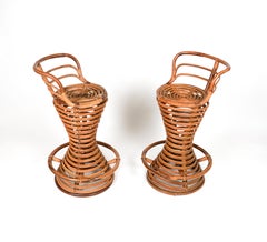 Midcentury Rattan and Bamboo Pair of Bar Stools Tito Agnoli Style, Italy 1960s
