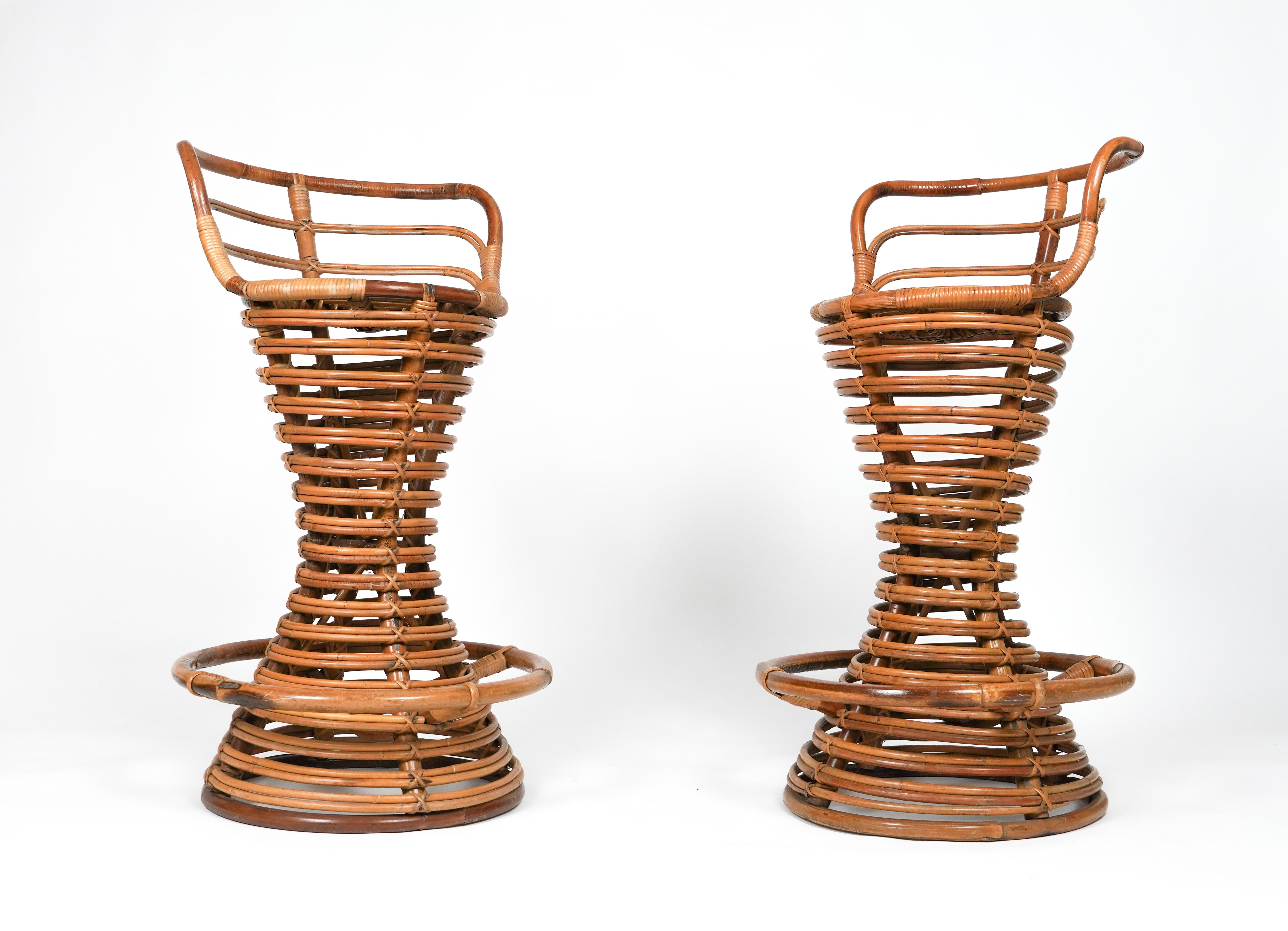 Mid-Century Modern Midcentury Rattan and Bamboo Pair of Bar Stools Tito Agnoli Style, Italy 1960s For Sale