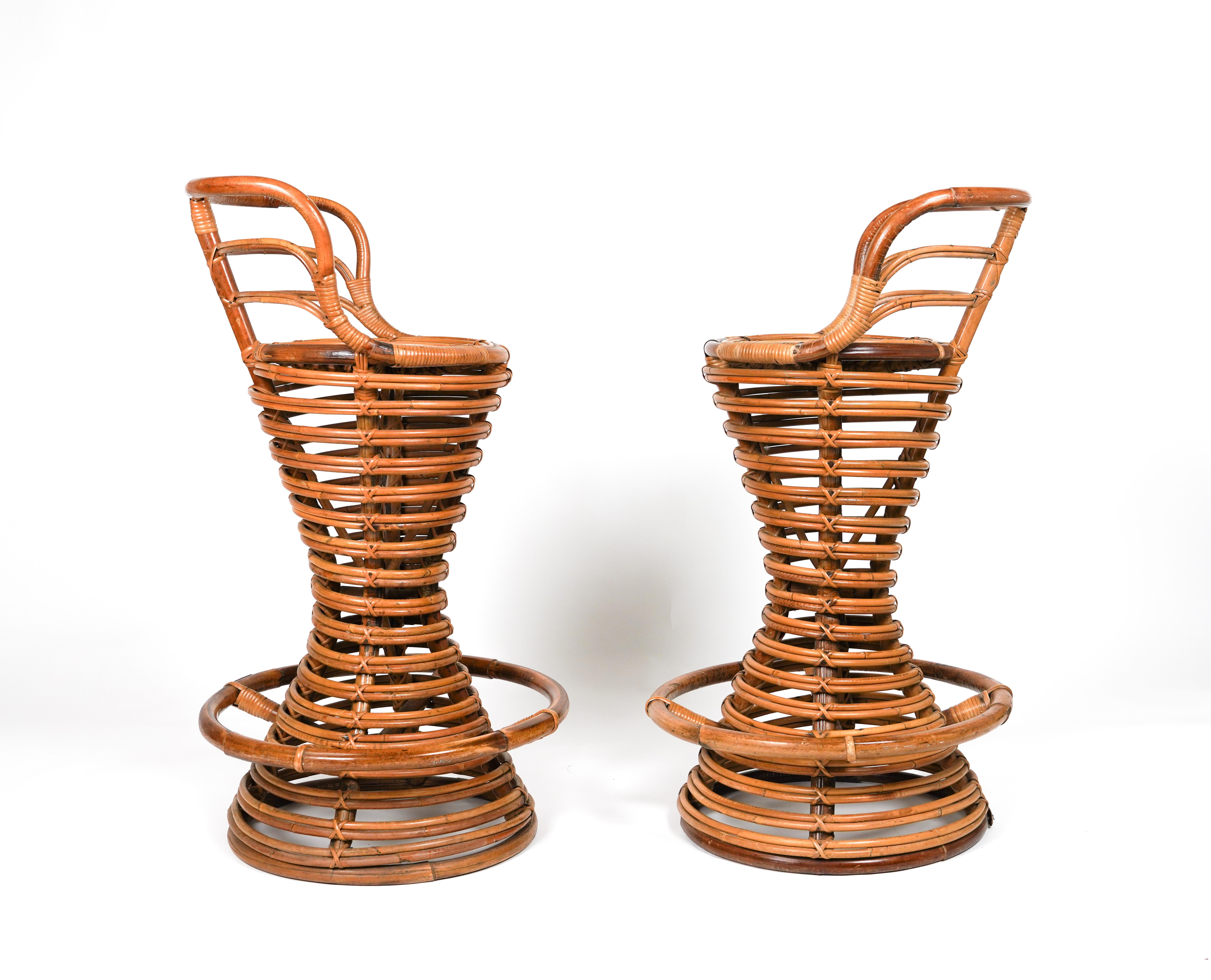 Mid-20th Century Midcentury Rattan and Bamboo Pair of Bar Stools Tito Agnoli Style, Italy 1960s For Sale