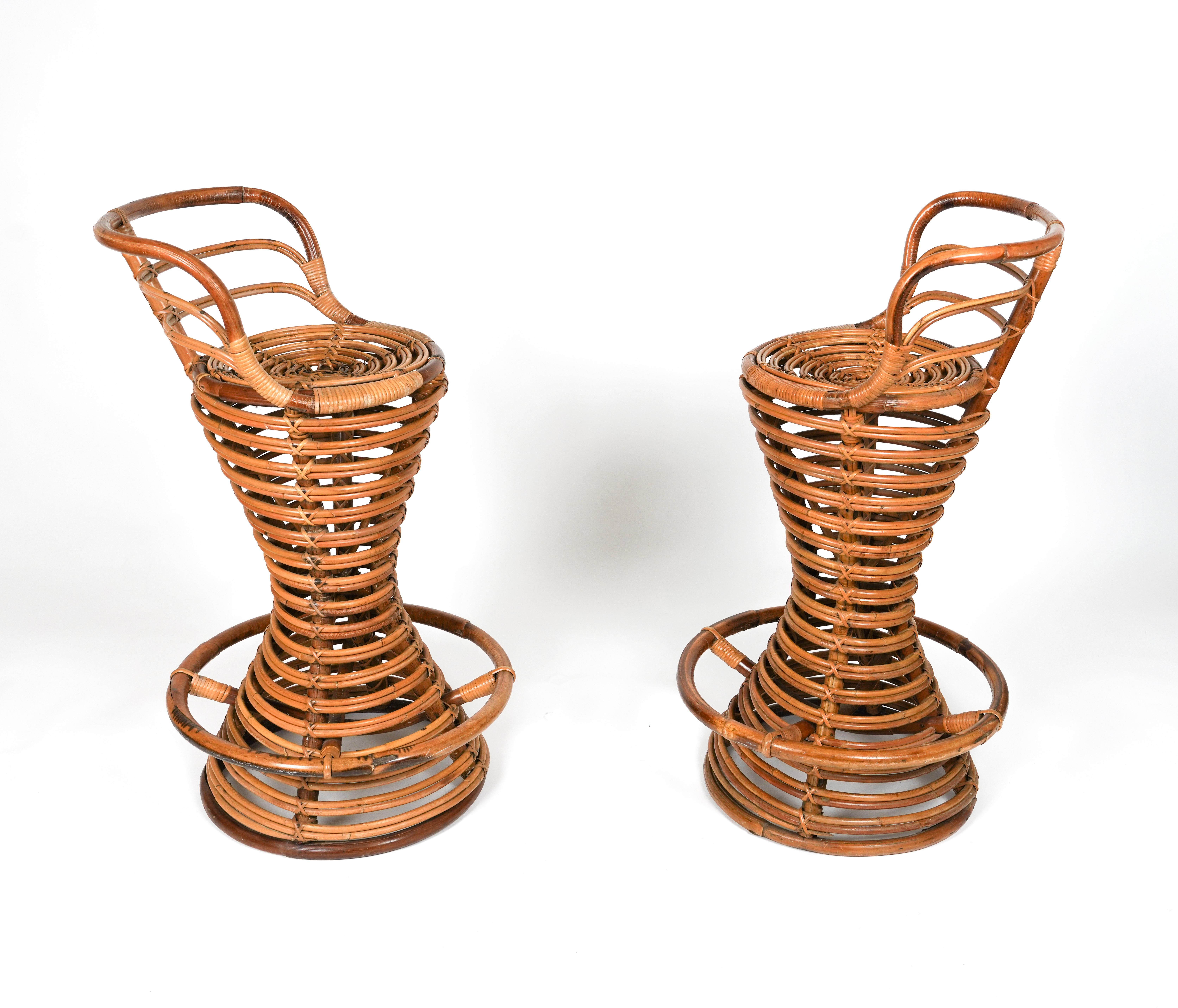 Midcentury Rattan and Bamboo Pair of Bar Stools Tito Agnoli Style, Italy 1960s For Sale 1