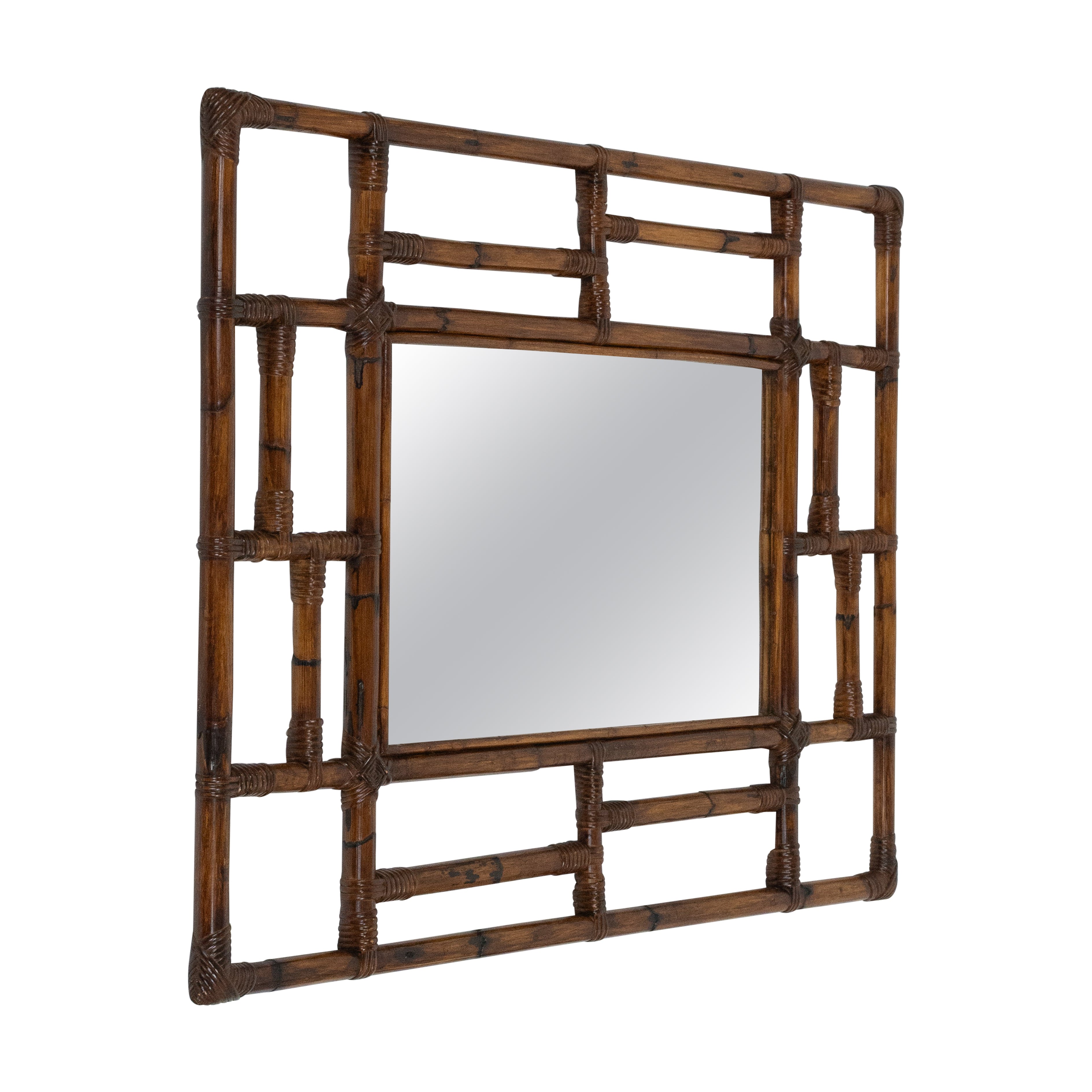 Midcentury Rattan and Bamboo Rectangular Mirror Vivai Del Sud Style, Italy 1970s