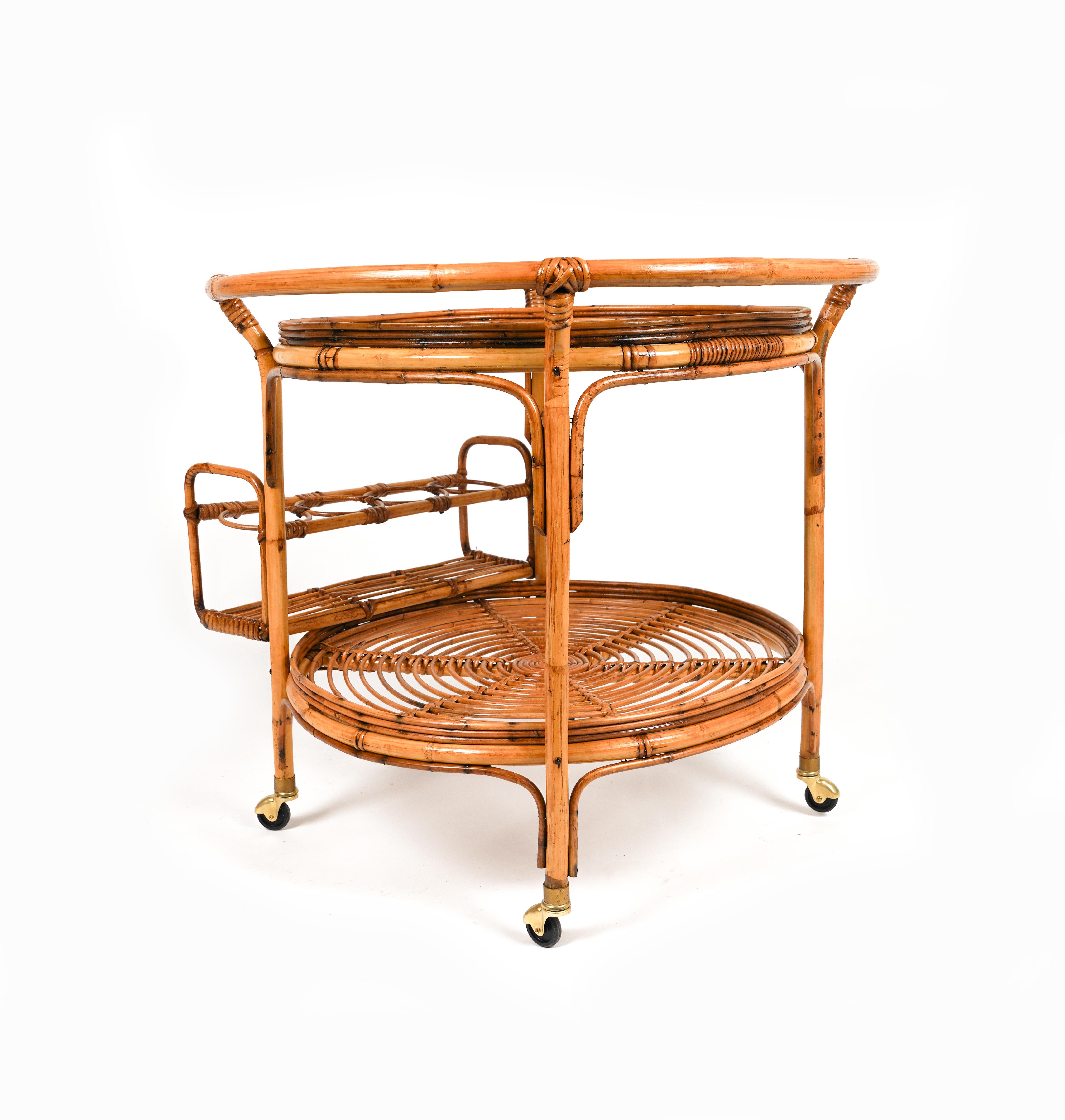 Midcentury Rattan and Bamboo Round Serving Bar Cart Trolley, Italy 1960s For Sale 10