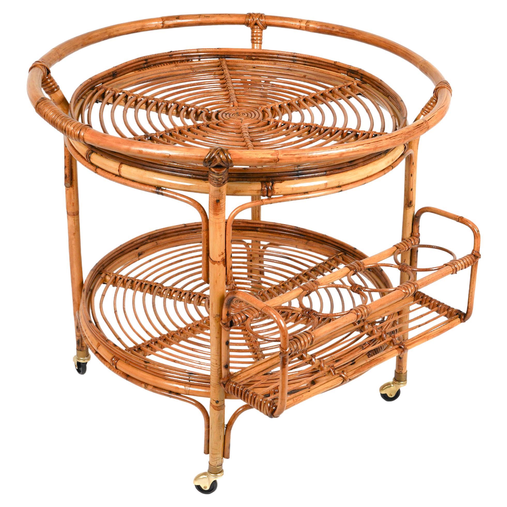Midcentury Rattan and Bamboo Round Serving Bar Cart Trolley, Italy 1960s For Sale