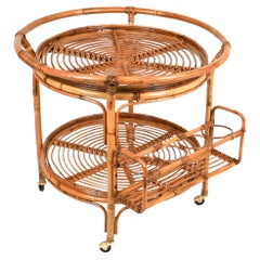 Retro Midcentury Rattan and Bamboo Round Serving Bar Cart Trolley, Italy 1960s