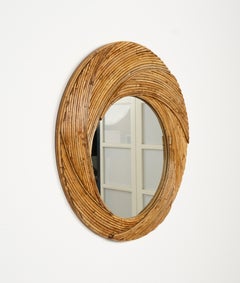 Midcentury Rattan and Bamboo Round Wall Mirror by Vivai Del Sud, Italy 1970s