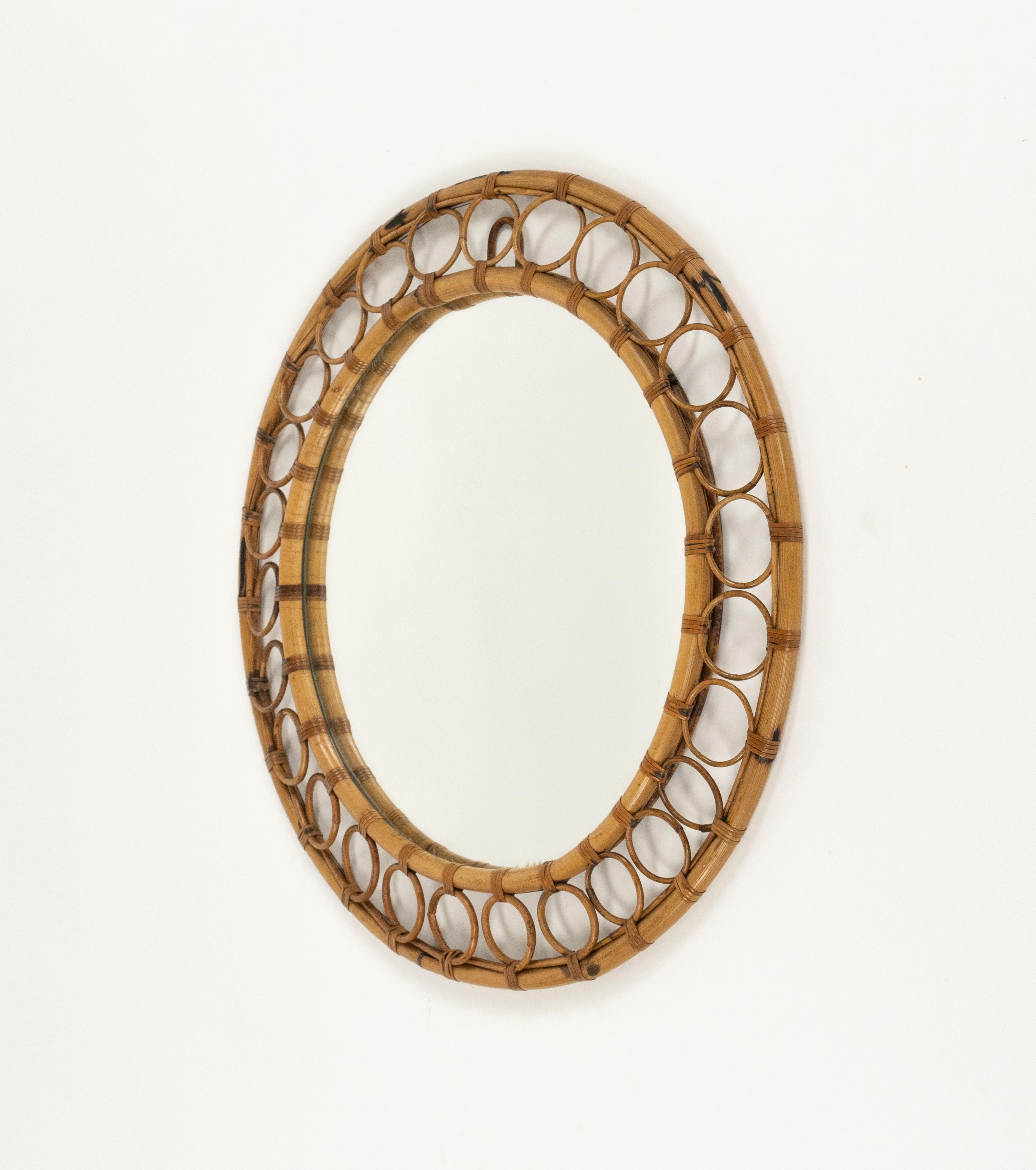 Miroir mural rond en rotin et bambou de style Franco Albini, Italie, années 1960 en vente 3