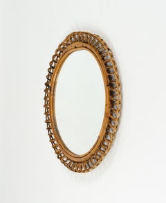 Espejo de pared redondo de ratán y bambú de mediados de siglo Estilo Franco Albini, Italia Años 60