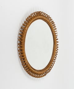 Midcentury Rattan and Bamboo Round Wall Mirror Franco Albini Style, Italy 1960s