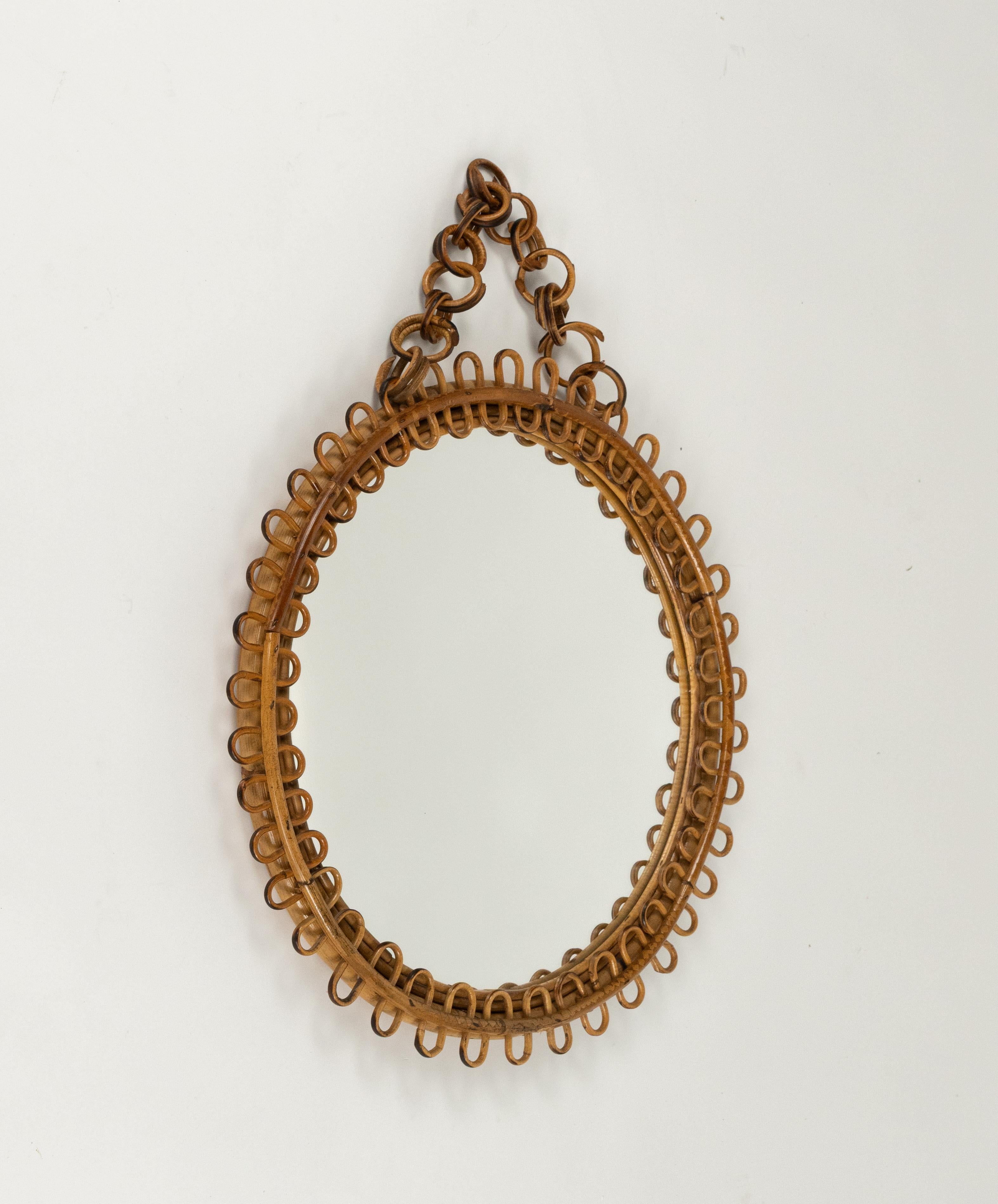 Runder Wandspiegel aus Rattan und Bambus im Franco Albini-Stil aus der Mitte des Jahrhunderts, Italien 1960er Jahre (Italienisch) im Angebot