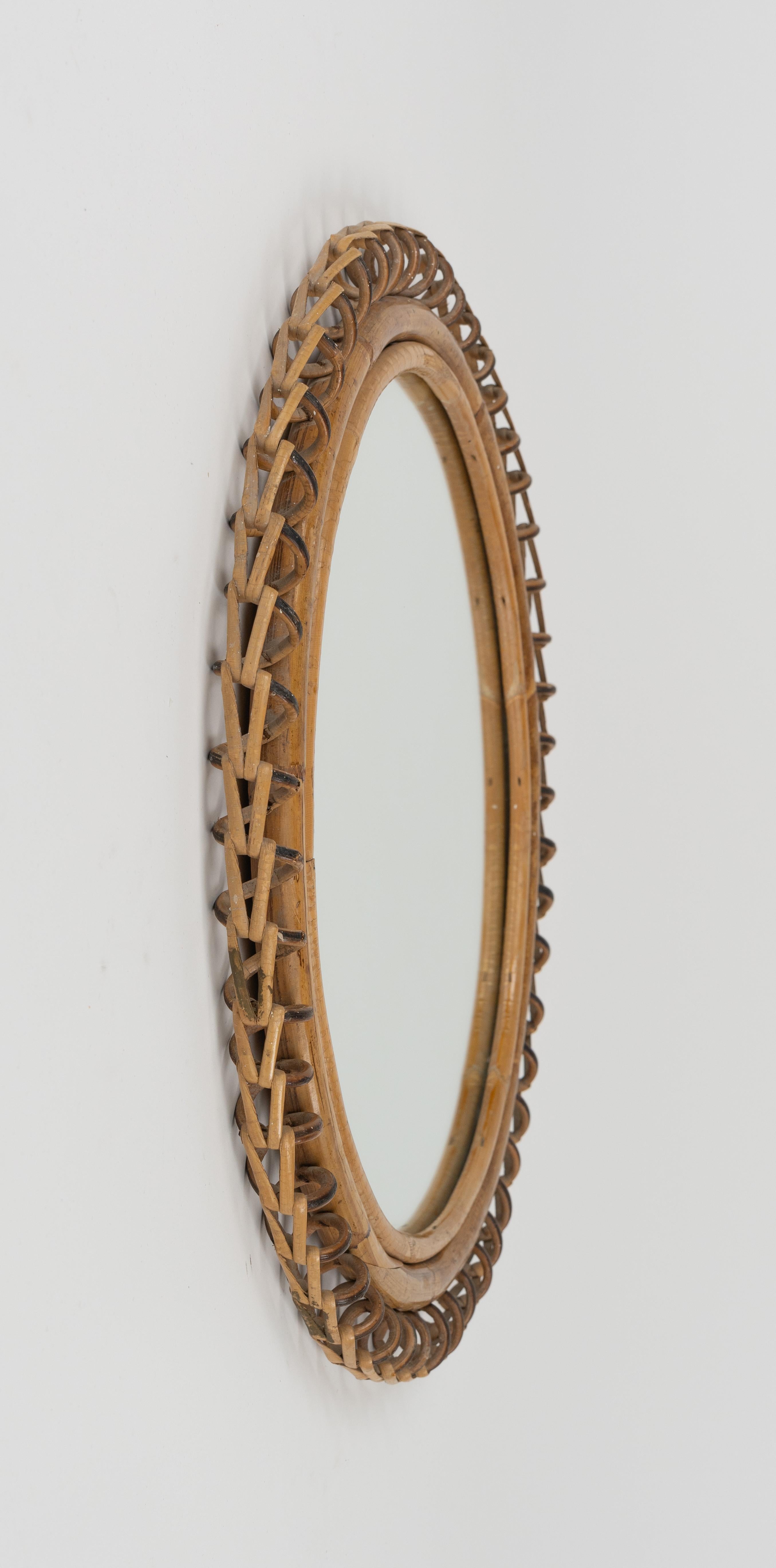 Mid-20th Century Midcentury Rattan and Bamboo Round Wall Mirror Franco Albini Style, Italy 1960s For Sale