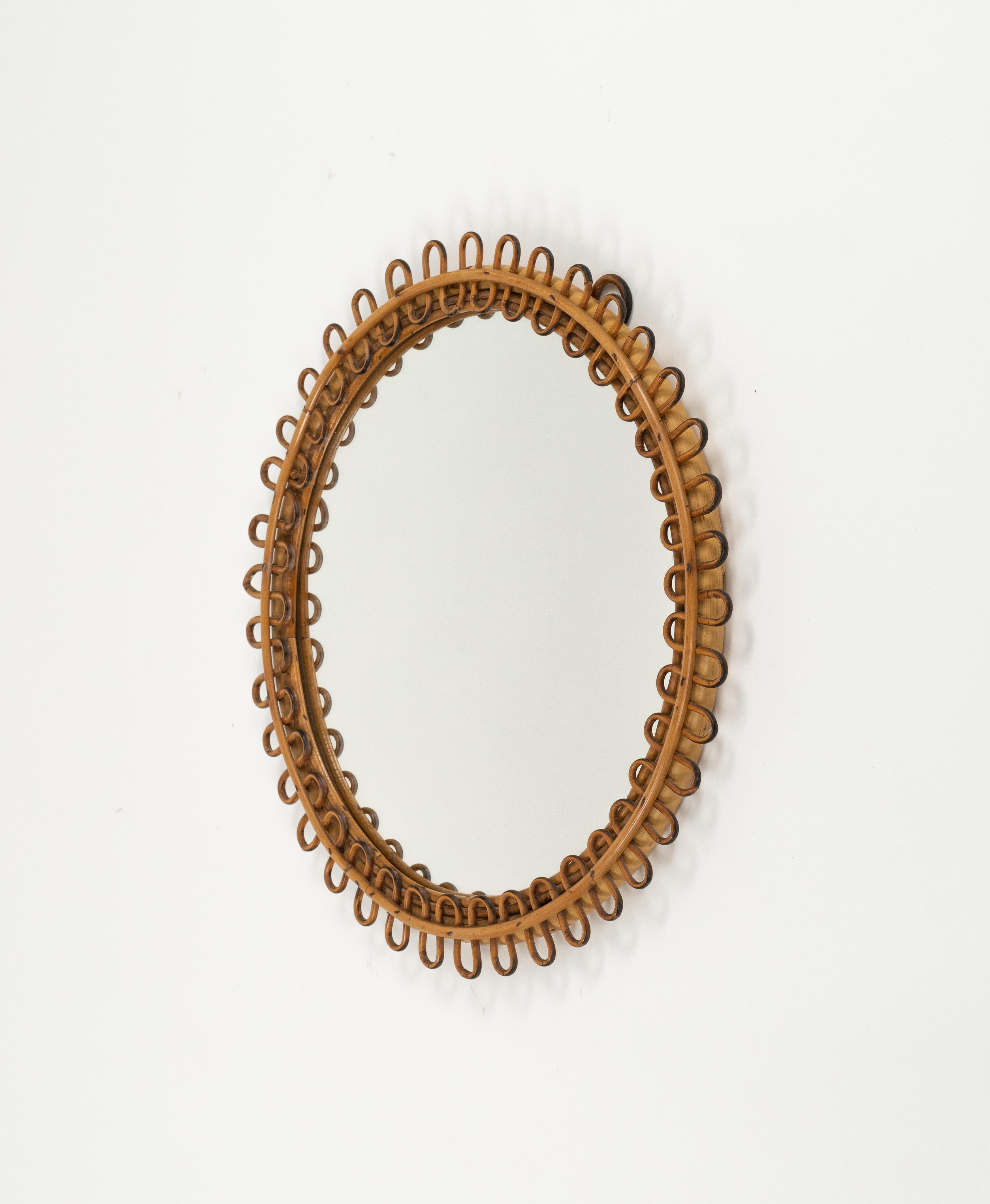 Midcentury Rattan and Bamboo Round Wall Mirror Franco Albini Style, Italy, 1960s For Sale 3