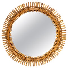 Midcentury Rattan and Bamboo Round Wall Mirror Franco Albini Style, Italy 1960s