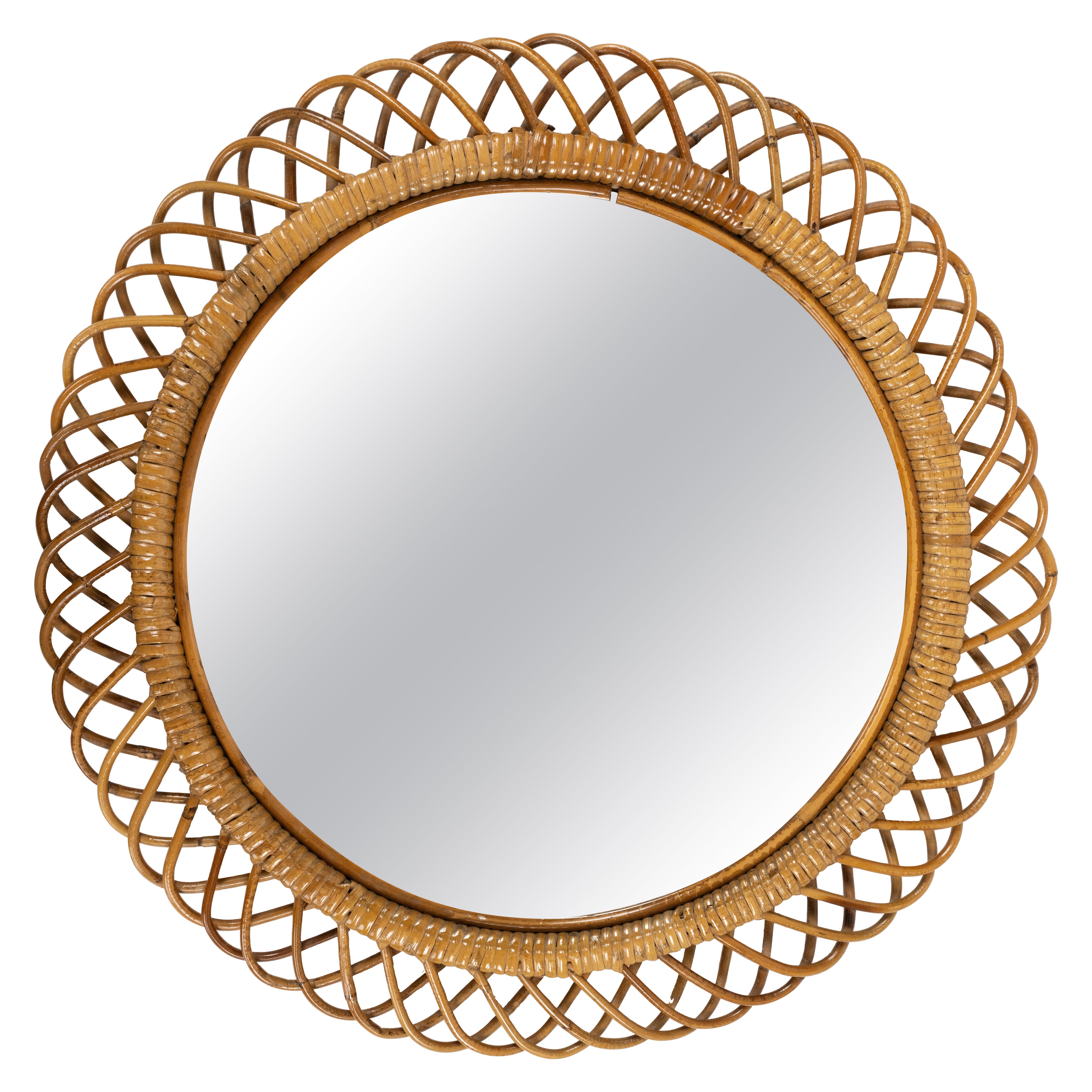 Miroir mural rond en rotin et bambou de style Franco Albini, Italie, années 1960