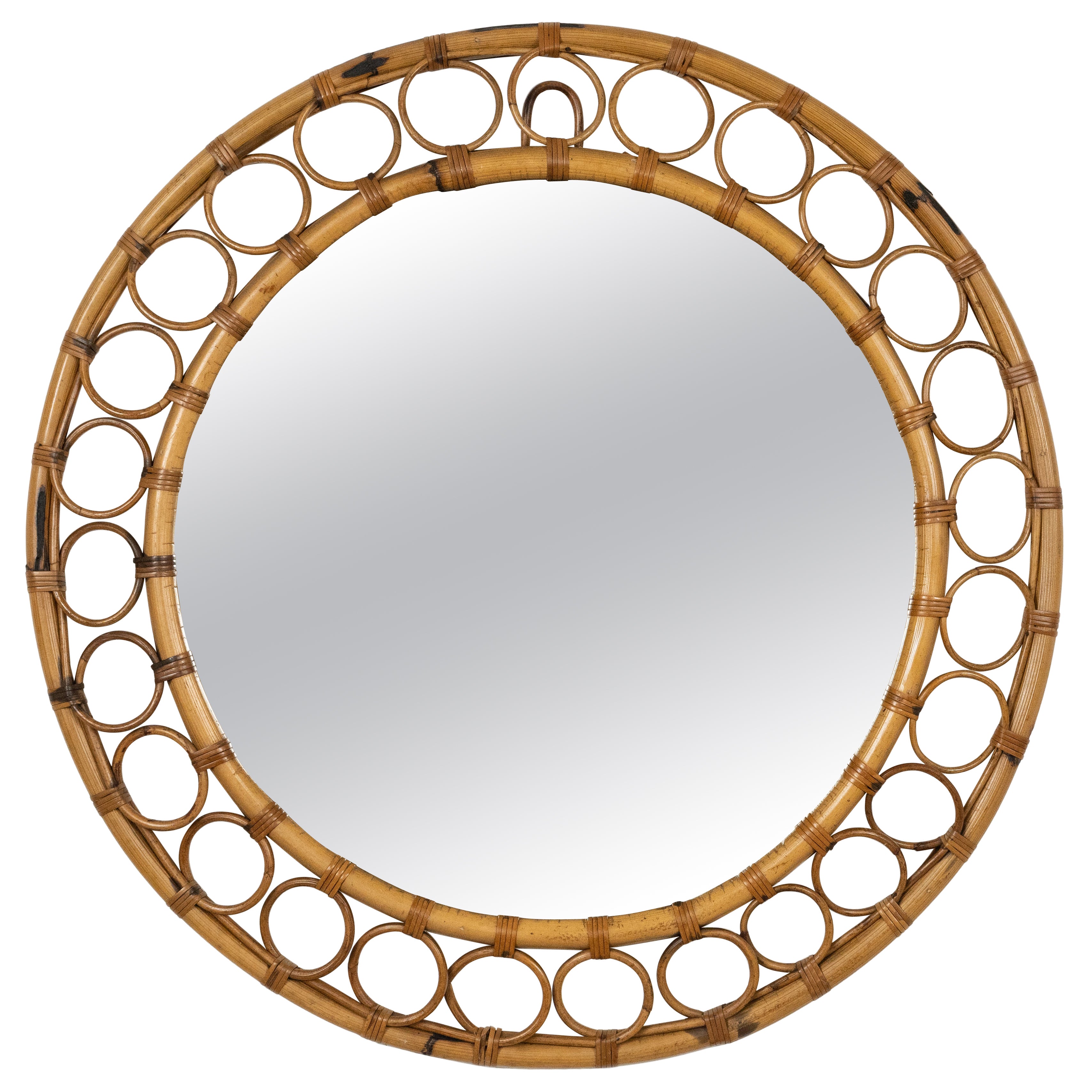 Miroir mural rond en rotin et bambou de style Franco Albini, Italie, années 1960