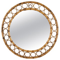Midcentury Rattan and Bamboo Round Wall Mirror Franco Albini Style, Italy 1960s