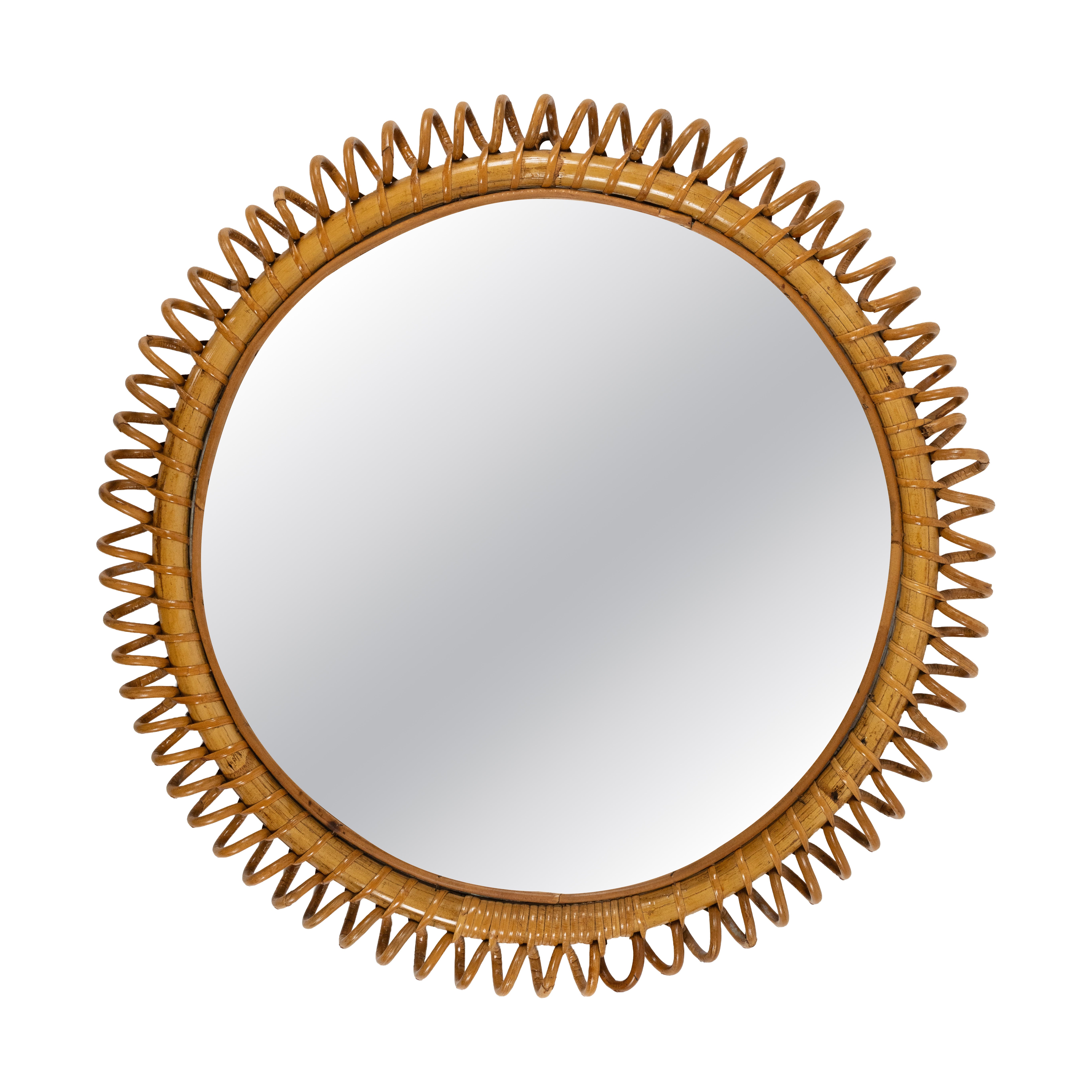 Midcentury Rattan and Bamboo Round Wall Mirror Franco Albini Style, Italy 1960s