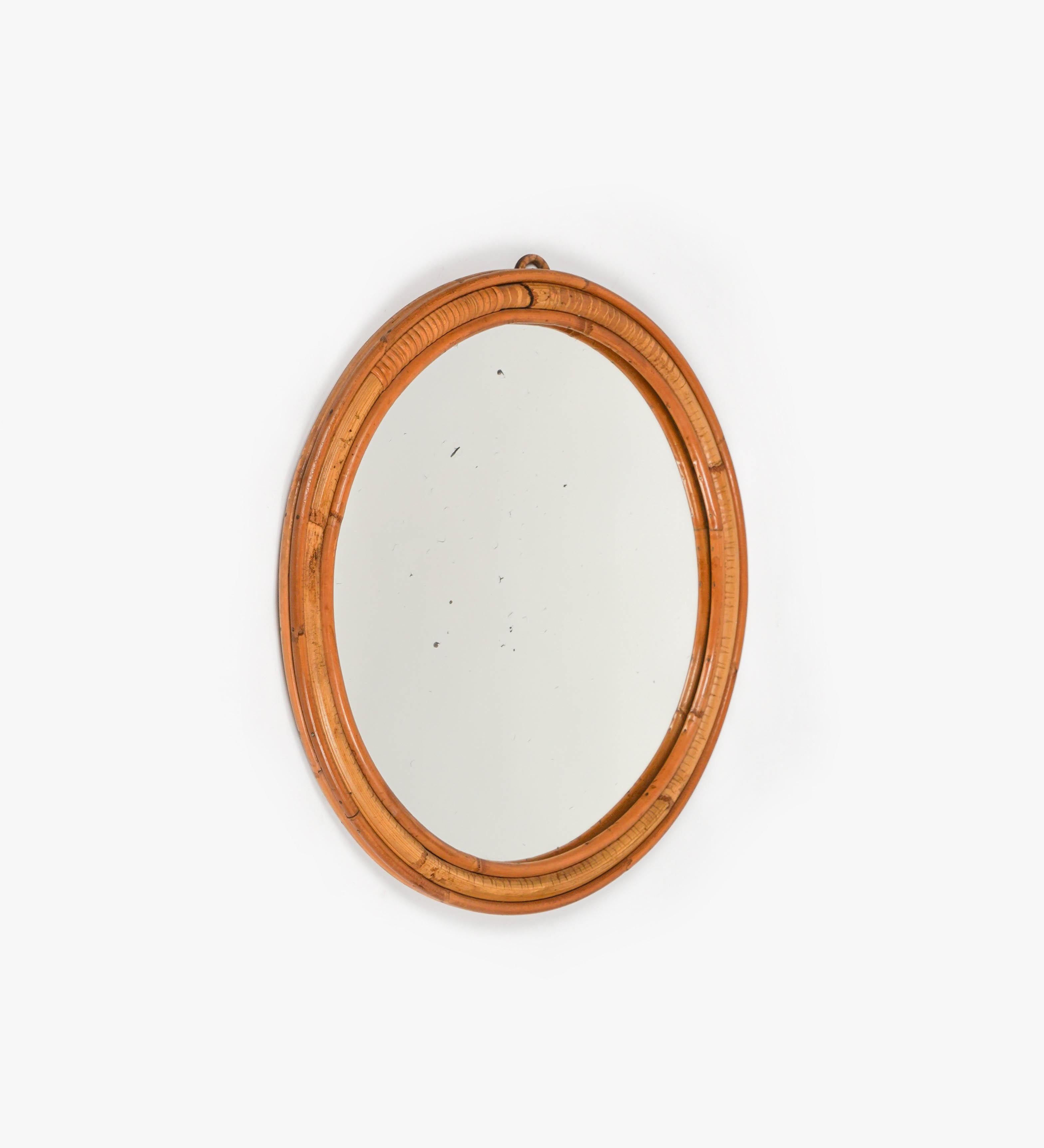 Mid-Century Modern Midcentury Rattan and Bamboo Round Wall Mirror, Italy 1960s For Sale
