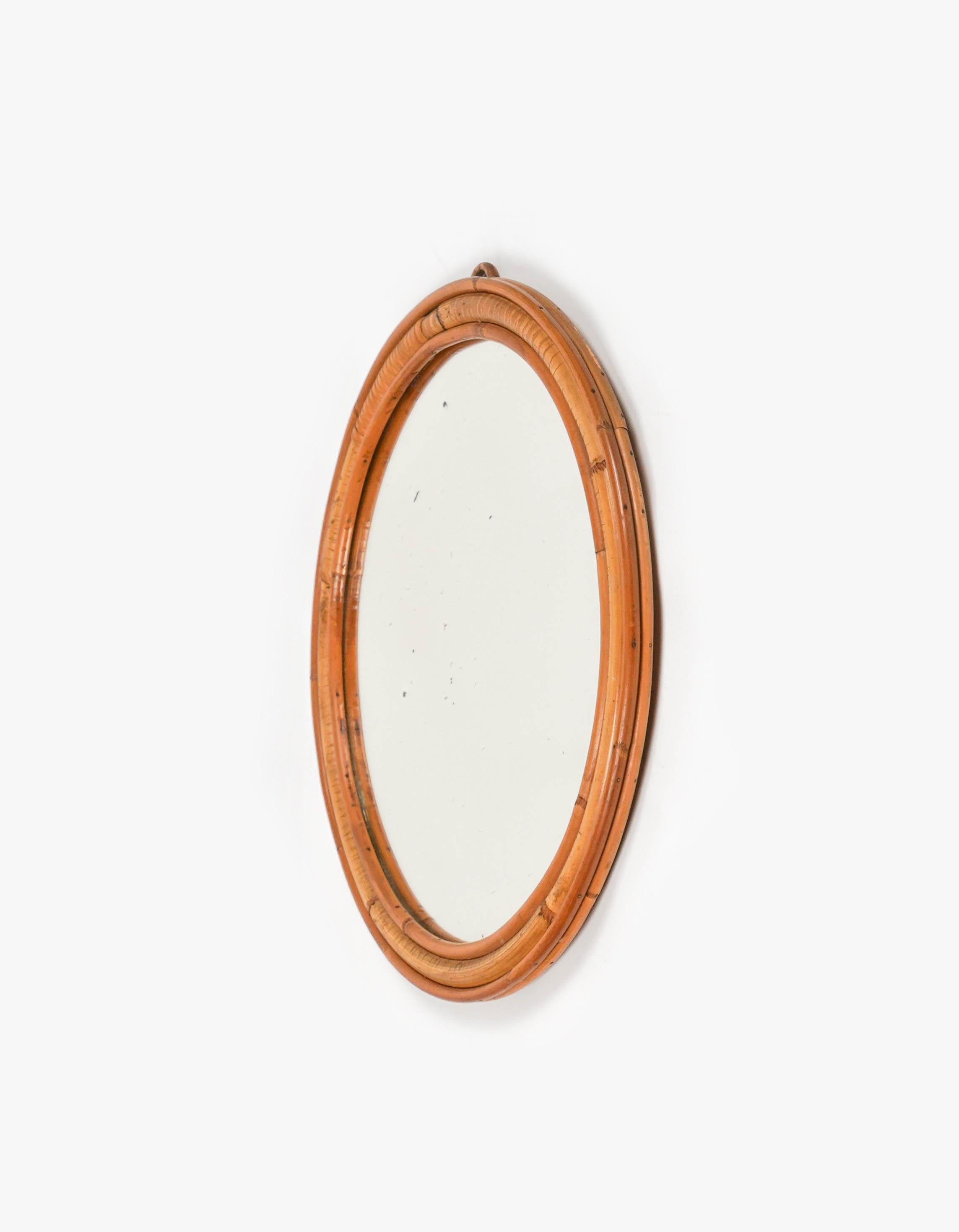 Mid-20th Century Midcentury Rattan and Bamboo Round Wall Mirror, Italy 1960s For Sale