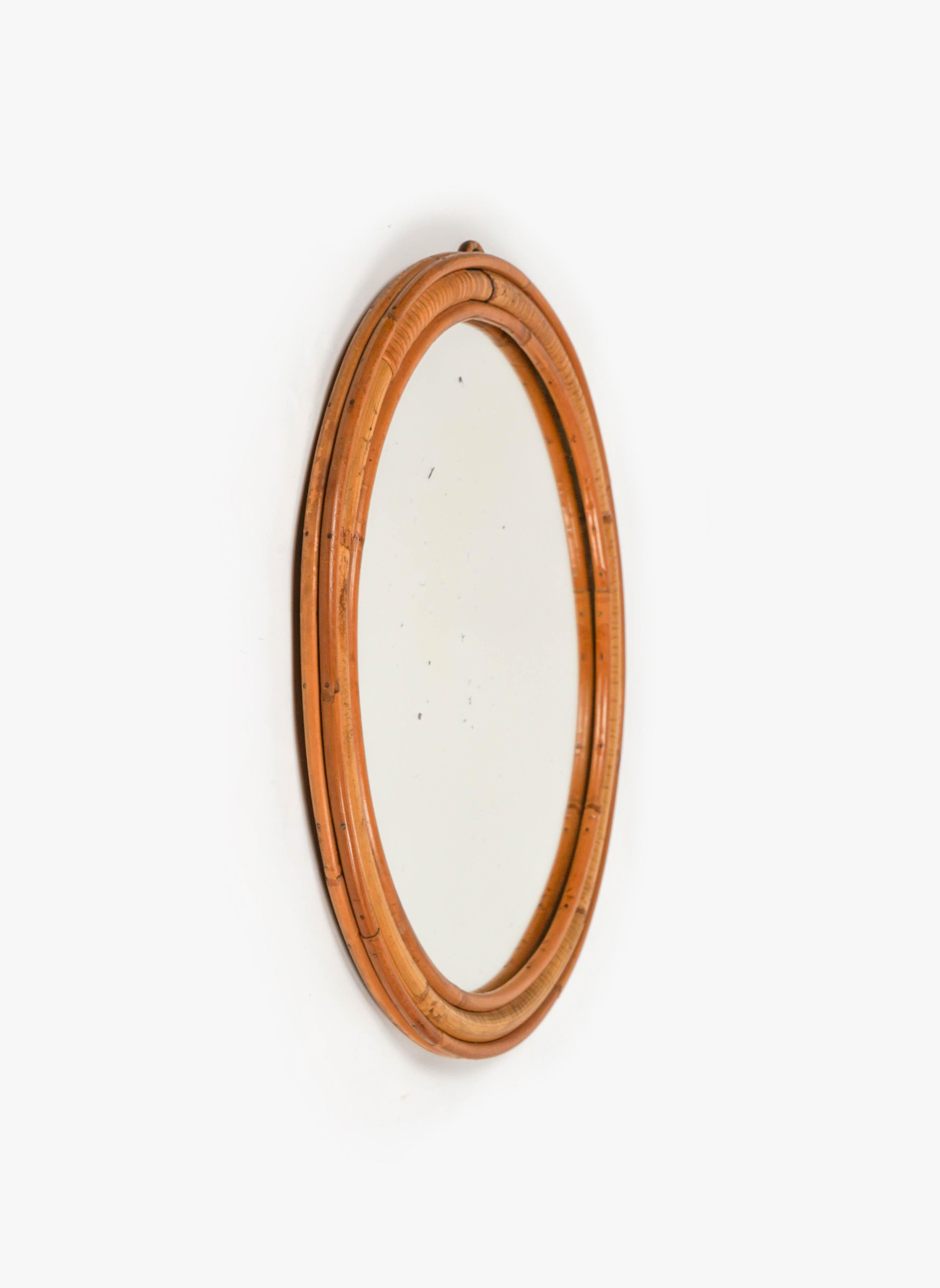 Midcentury Rattan and Bamboo Round Wall Mirror, Italy 1960s For Sale 1