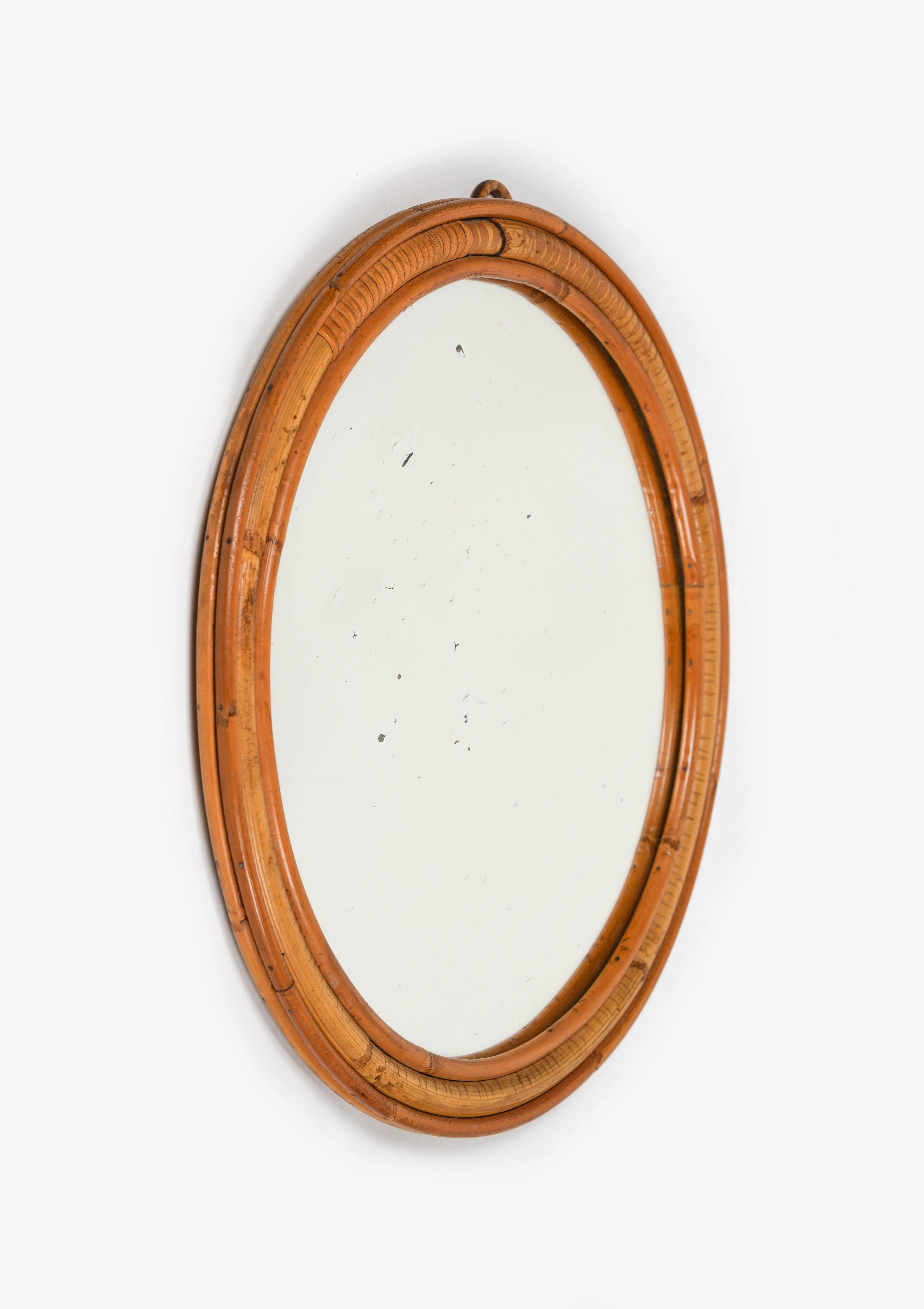 Midcentury Rattan and Bamboo Round Wall Mirror, Italy 1960s For Sale 2