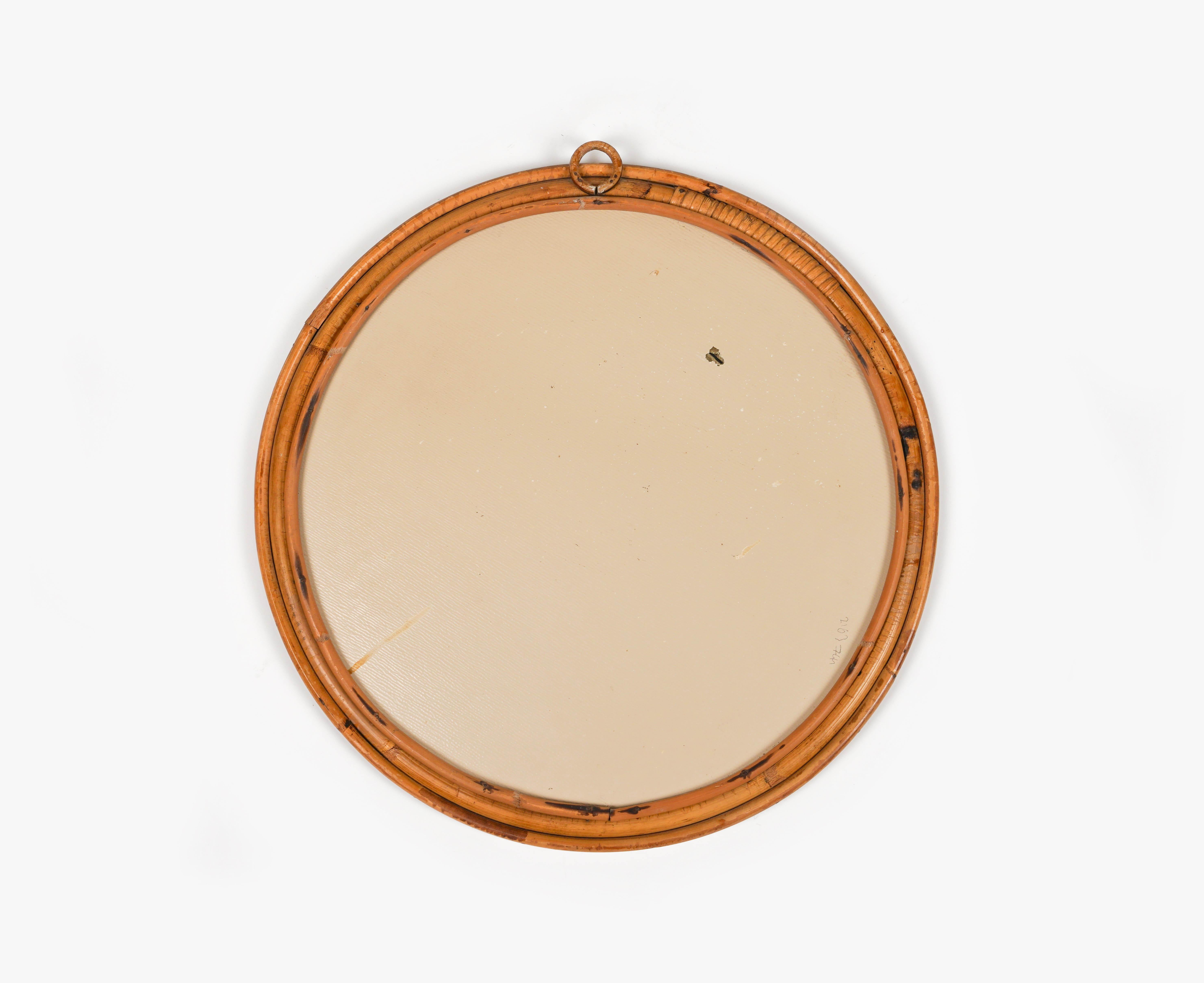 Midcentury Rattan and Bamboo Round Wall Mirror, Italy 1960s For Sale 3