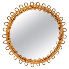 Midcentury Rattan and Bamboo Round Wall Mirror, Italy, 1960s