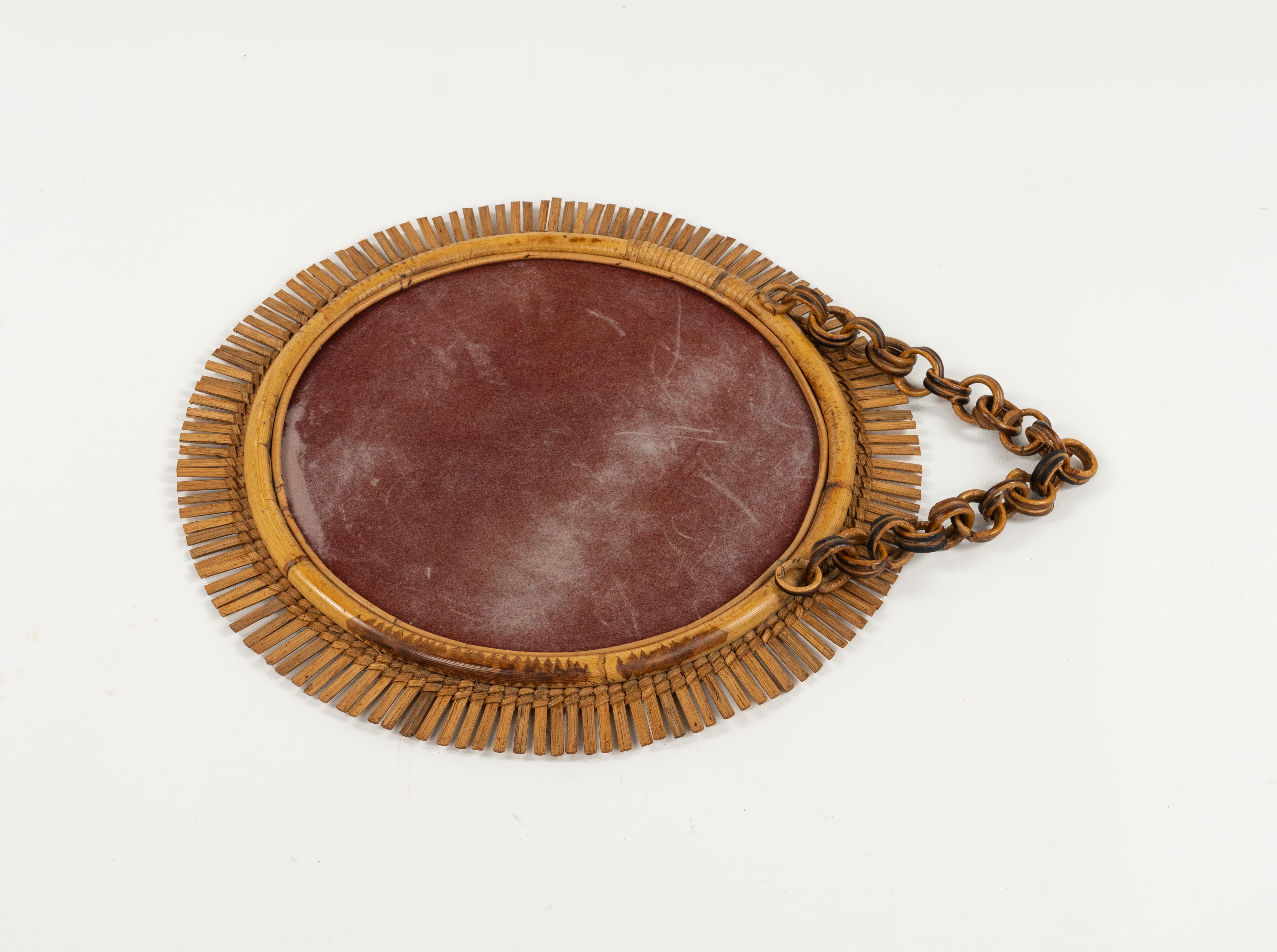 Midcentury Rattan and Bamboo Round Wall Mirror with Chain, Italy 1960s For Sale 4
