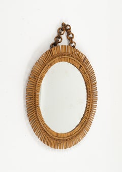 Midcentury Rattan and Bamboo Round Wall Mirror with Chain, Italy 1960s