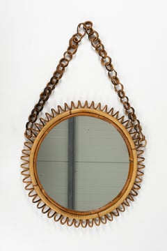 Midcentury Rattan and Bamboo Round Wall Mirror with Chain, Italy 1960s