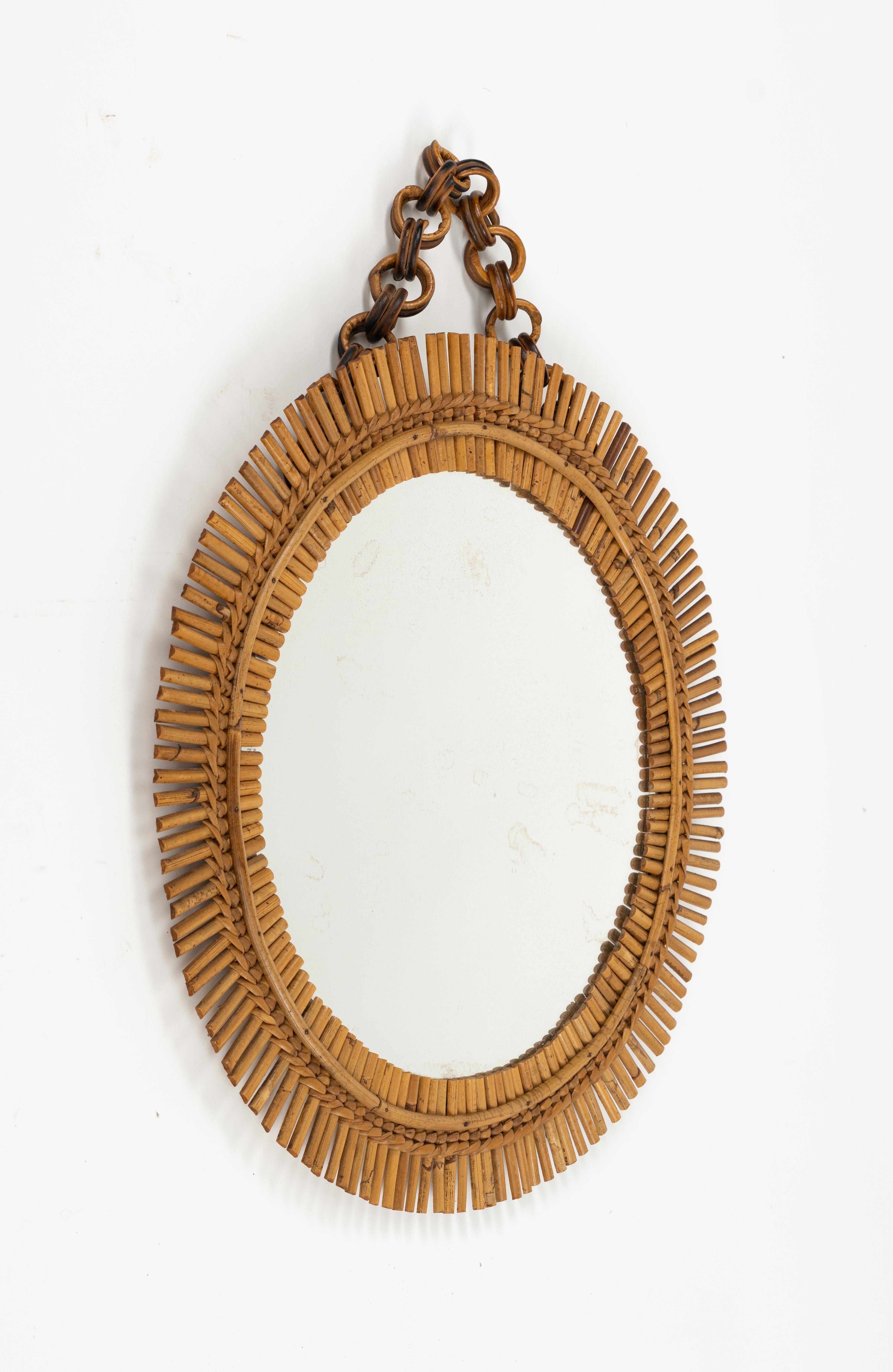 Mid-Century Modern Midcentury Rattan and Bamboo Round Wall Mirror with Chain, Italy 1960s For Sale