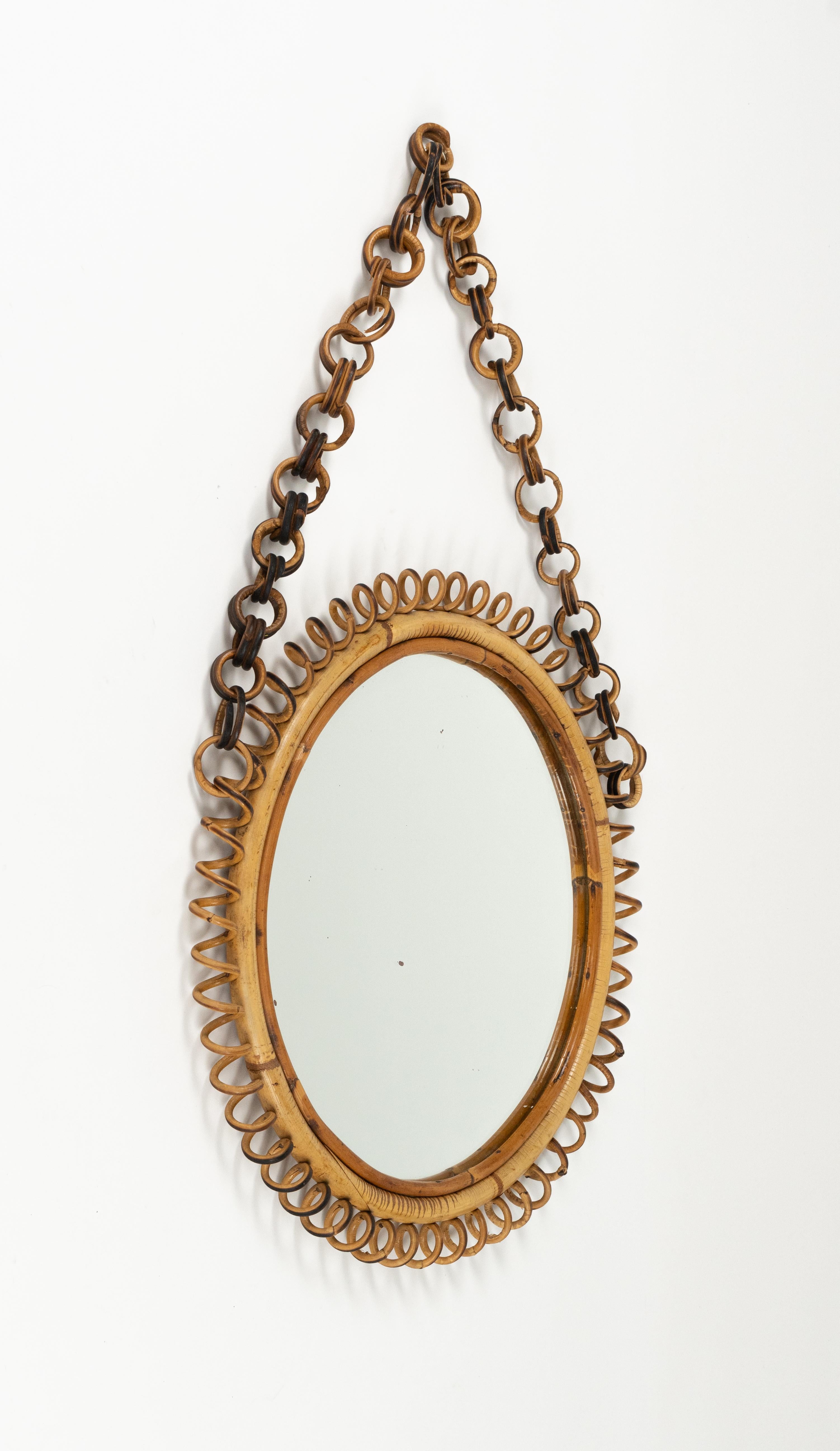 Mid-Century Modern Midcentury Rattan and Bamboo Round Wall Mirror with Chain, Italy 1960s For Sale