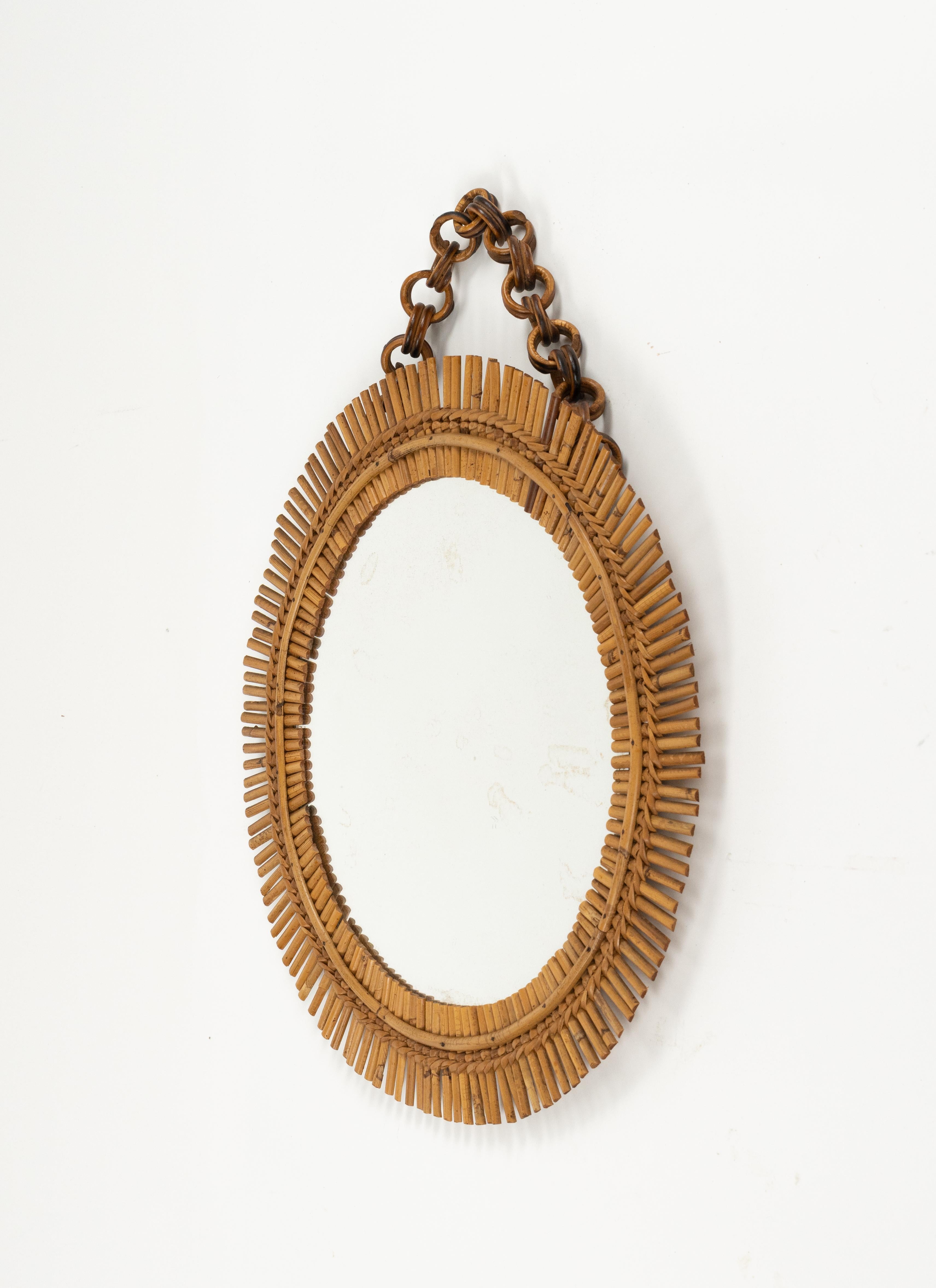 Mid-20th Century Midcentury Rattan and Bamboo Round Wall Mirror with Chain, Italy 1960s For Sale