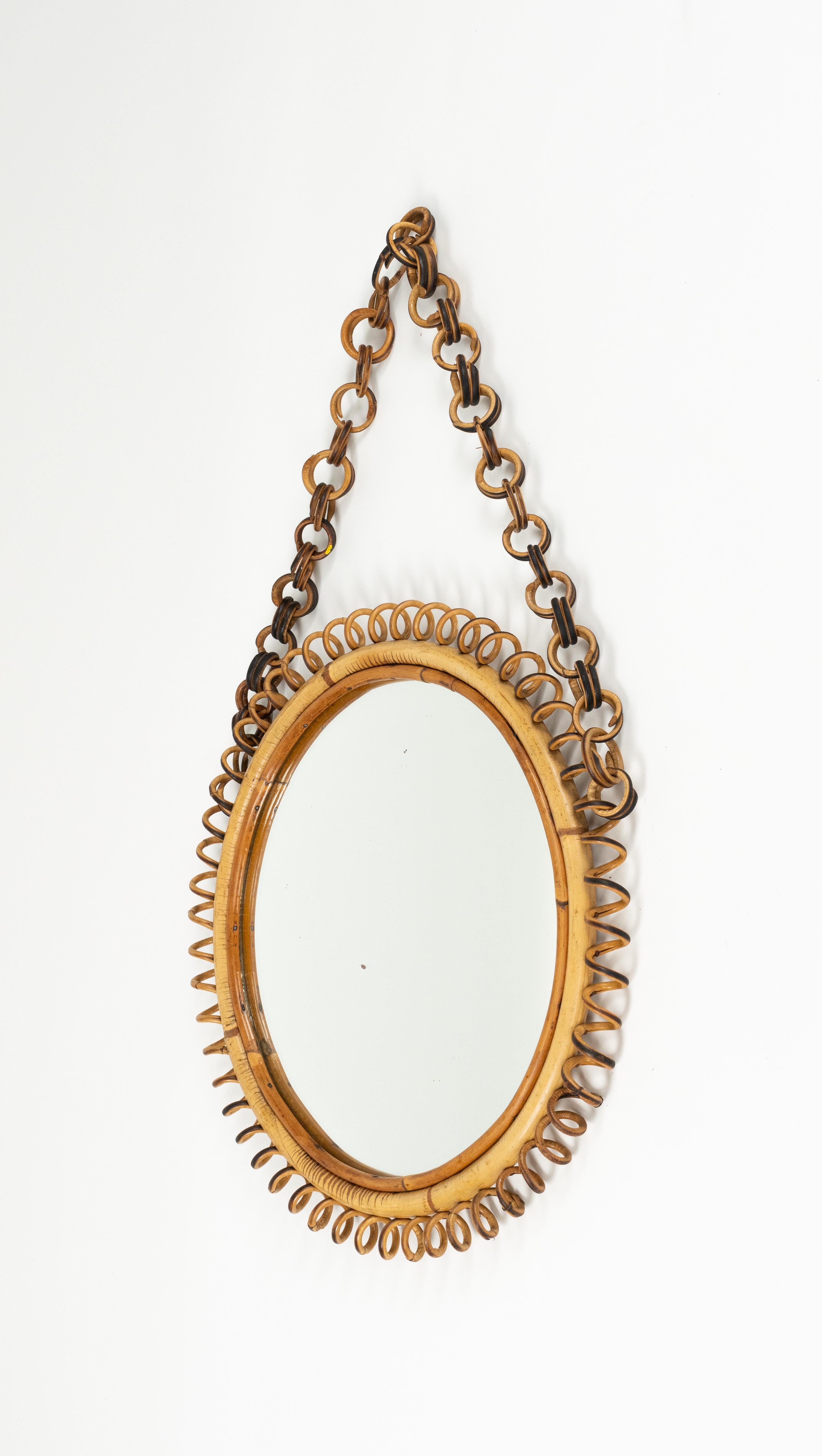 Midcentury Rattan and Bamboo Round Wall Mirror with Chain, Italy 1960s For Sale 3