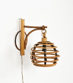 Midcentury Rattan and Bamboo Sconce "Lantern" Louis Sognot Style, Italy 1960s
