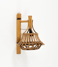 Midcentury Rattan and Bamboo Sconce "Lantern" Louis Sognot Style, Italy 1960s