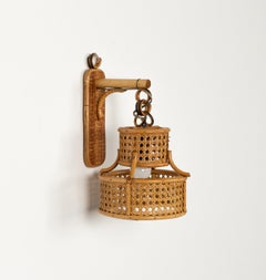 Midcentury Rattan and Bamboo Sconce "Lantern" Louis Sognot Style, Italy 1960s