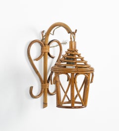 Midcentury Rattan and Bamboo Sconce "Lantern" Louis Sognot Style, Italy 1960s