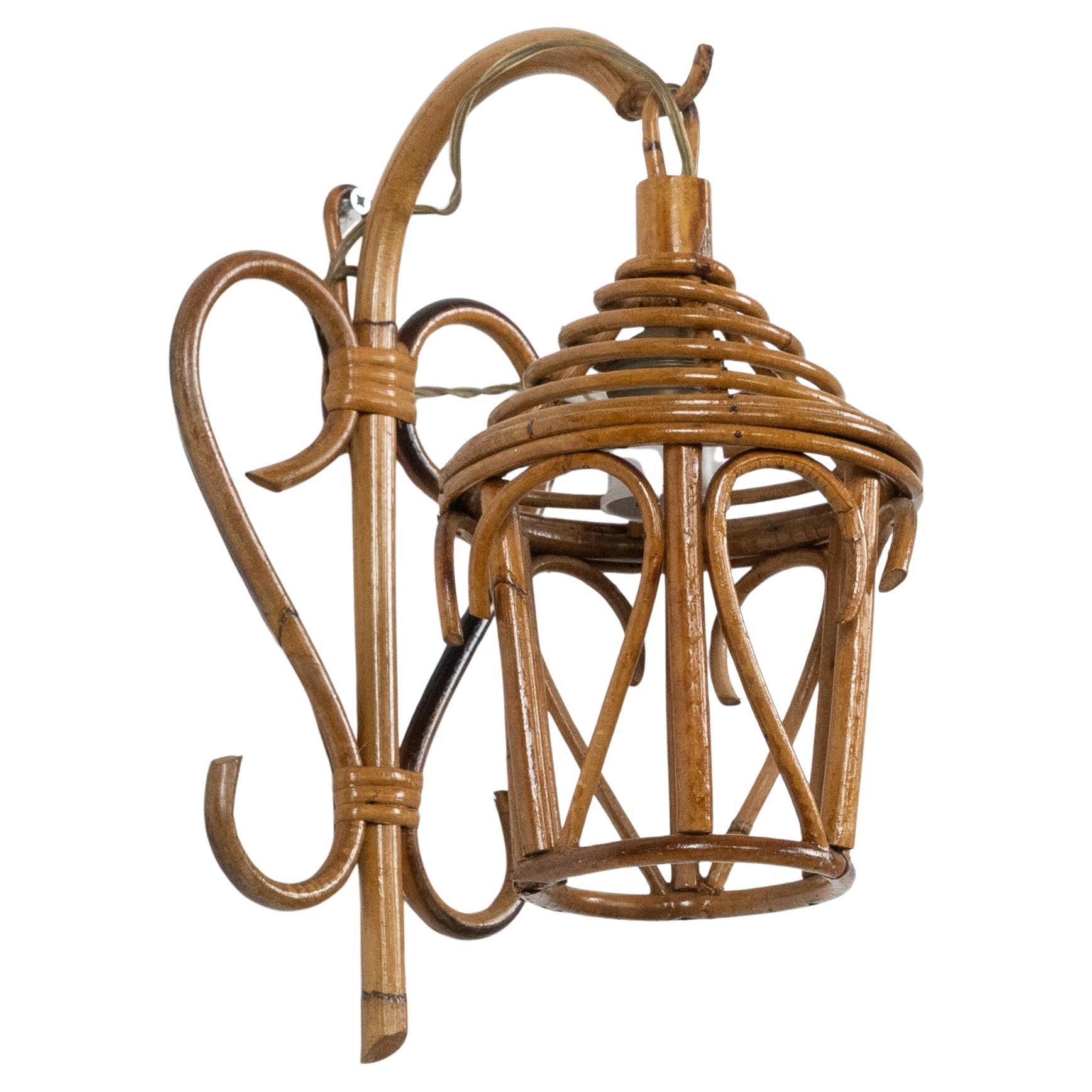 Midcentury Rattan and Bamboo Sconce "Lantern" Louis Sognot Style, Italy 1960s For Sale