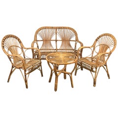 Vintage Midcentury Rattan and Bamboo Sofa, Armchairs and Italian Coffee Table, 1960s