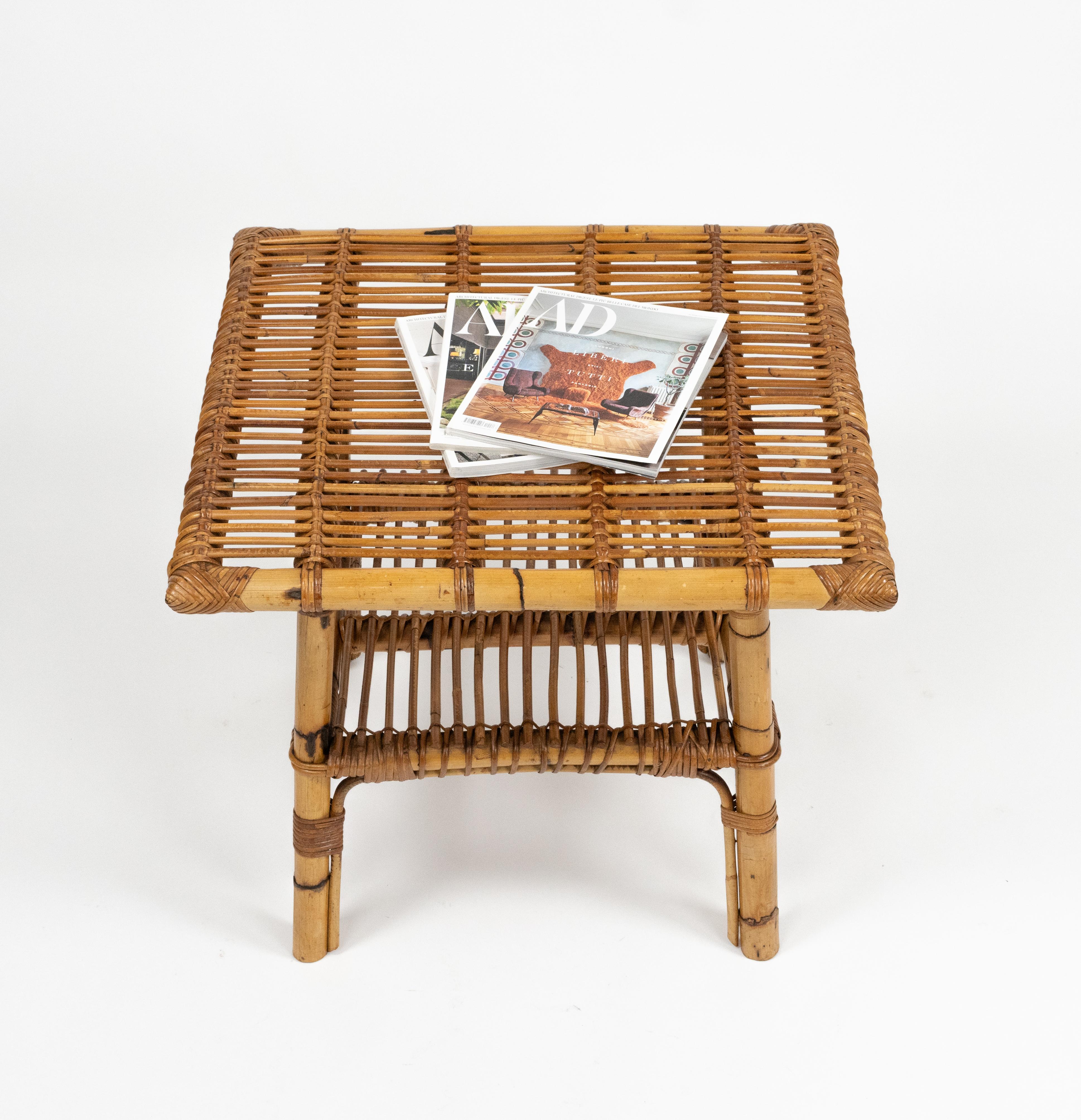 Rattan und Bambus aus der Mitte des Jahrhunderts Quadratischer Couchtisch auf zwei Ebenen, Italien 1960er im Angebot 5