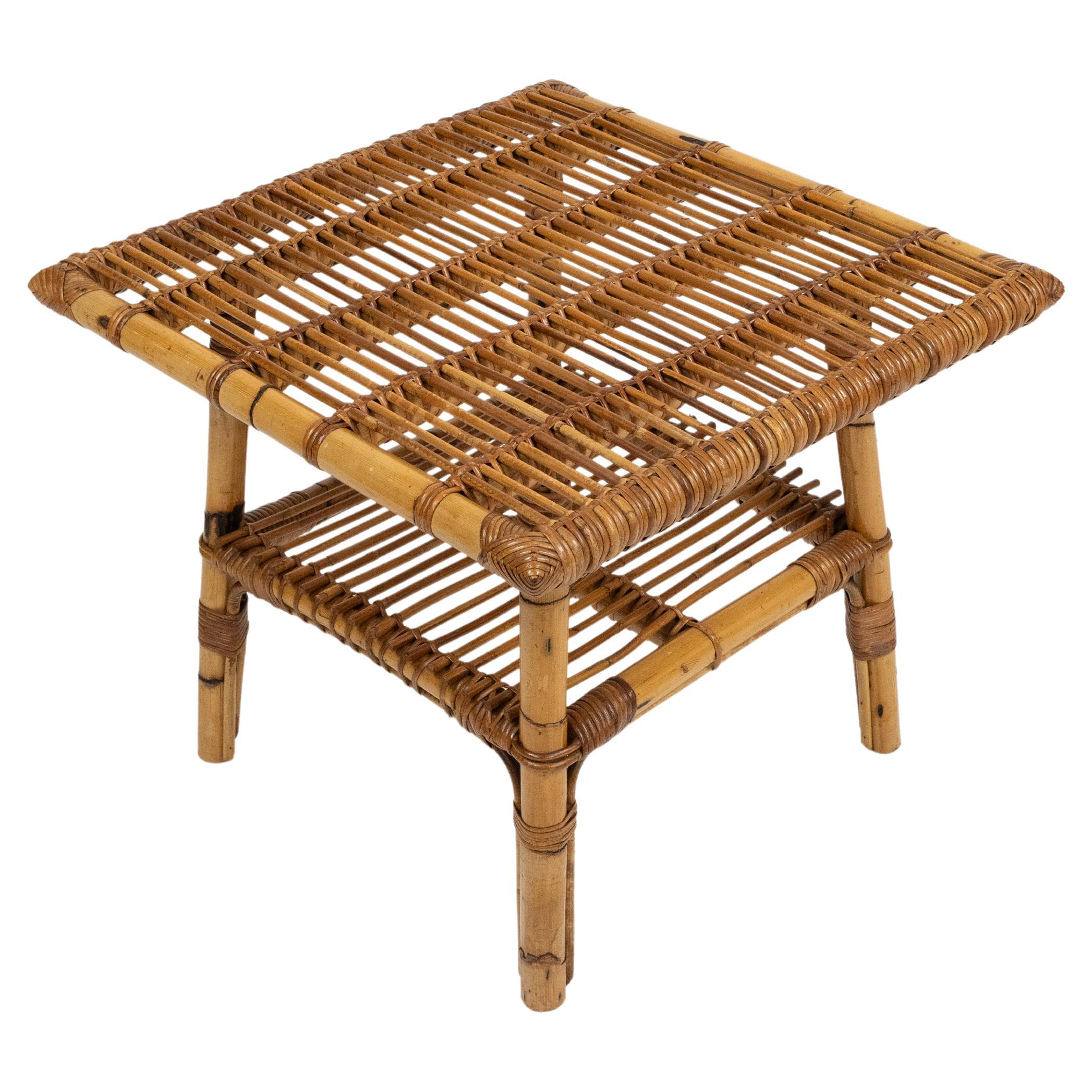 Rattan und Bambus aus der Mitte des Jahrhunderts Quadratischer Couchtisch auf zwei Ebenen, Italien 1960er im Angebot 7