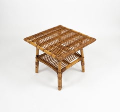 Midcentury Rattan and Bamboo Squared Two Levels Coffee Table, Italy 1960s