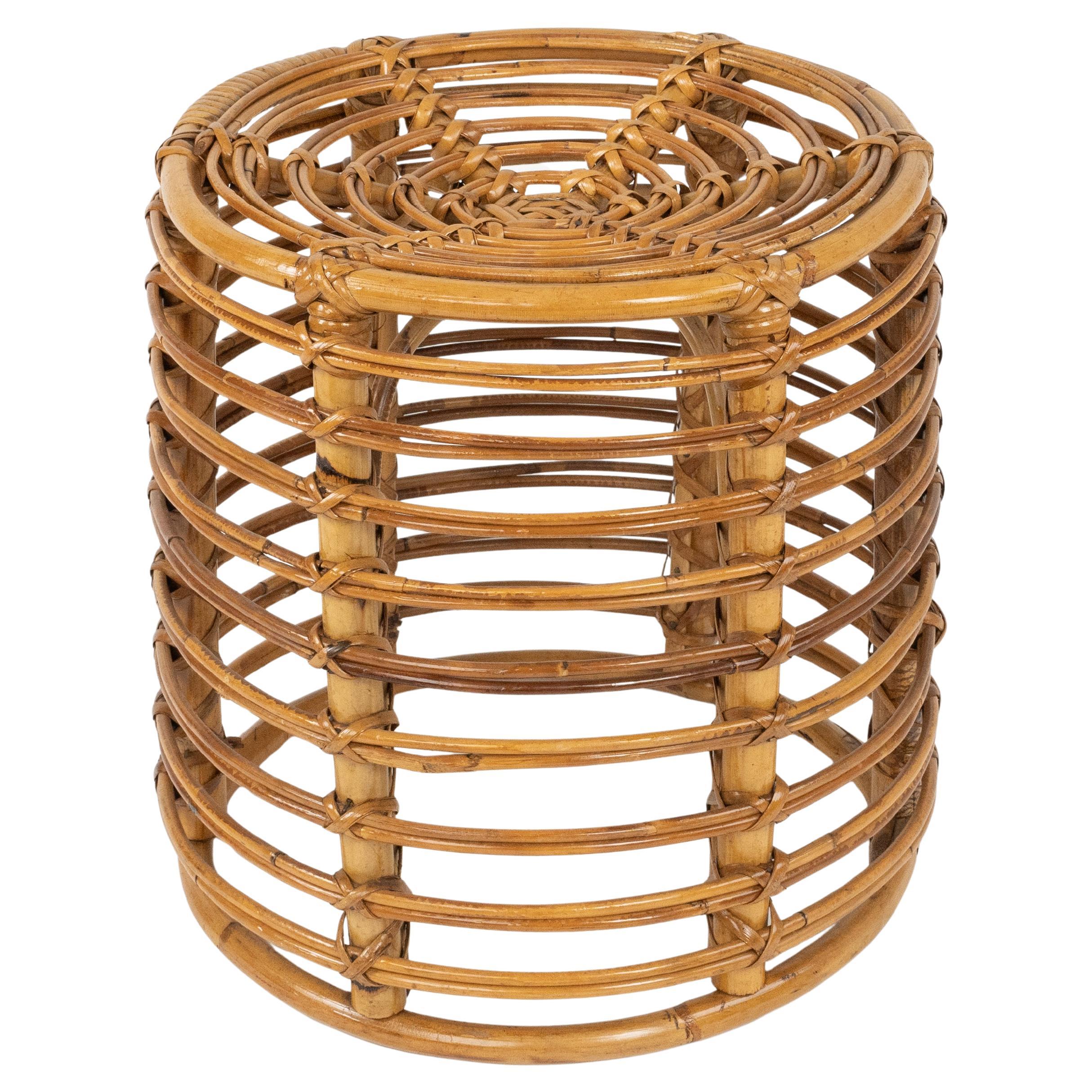 Midcentury Rattan and Bamboo Stool Pouf Attributed to Tito Agnoli, Italy 1960s