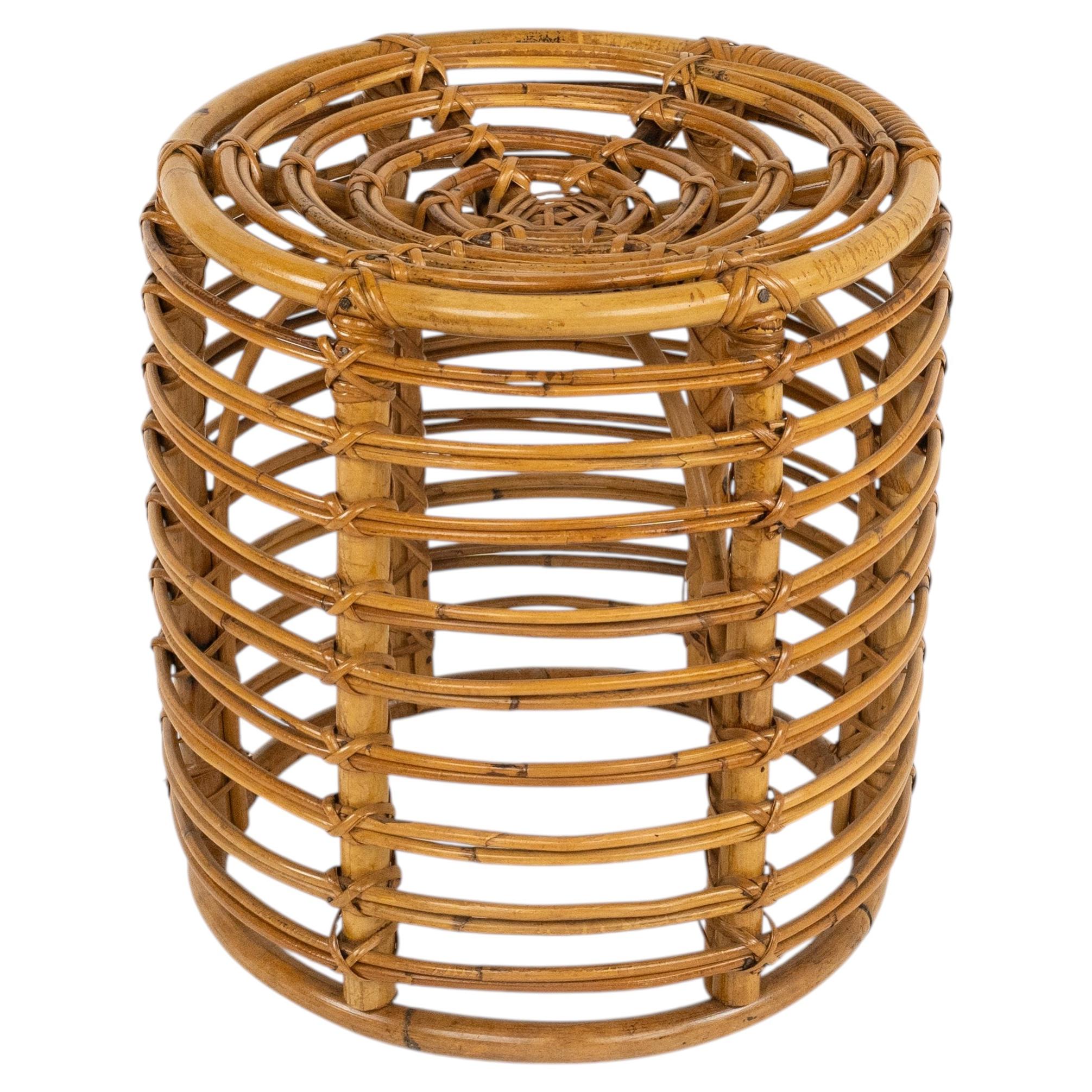 Midcentury Rattan and Bamboo Stool Pouf Attributed to Tito Agnoli, Italy 1960s