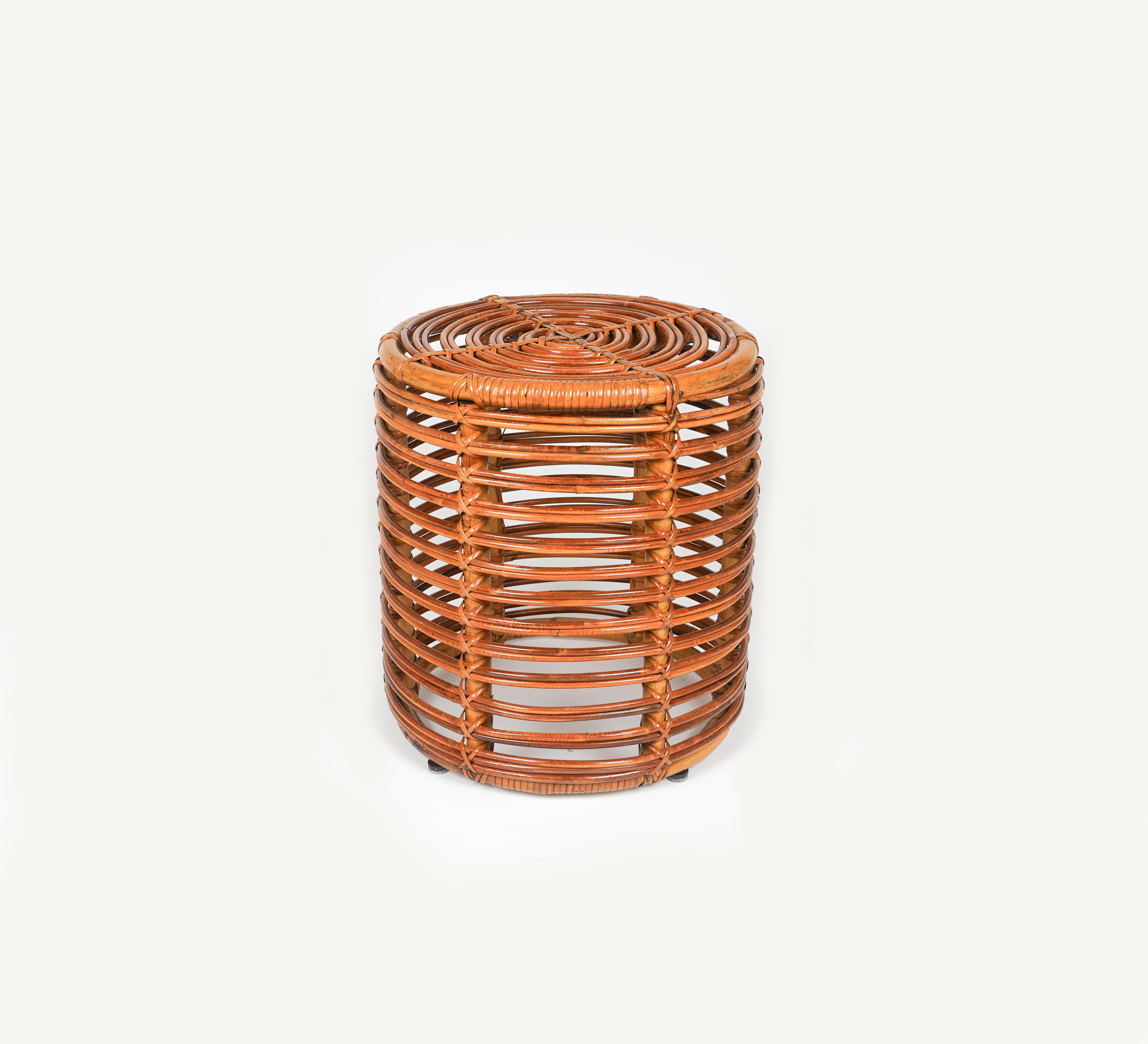 Mid-Century Modern Midcentury Rattan and Bamboo Stool Pouf Tito Agnoli, Italy 1960s For Sale