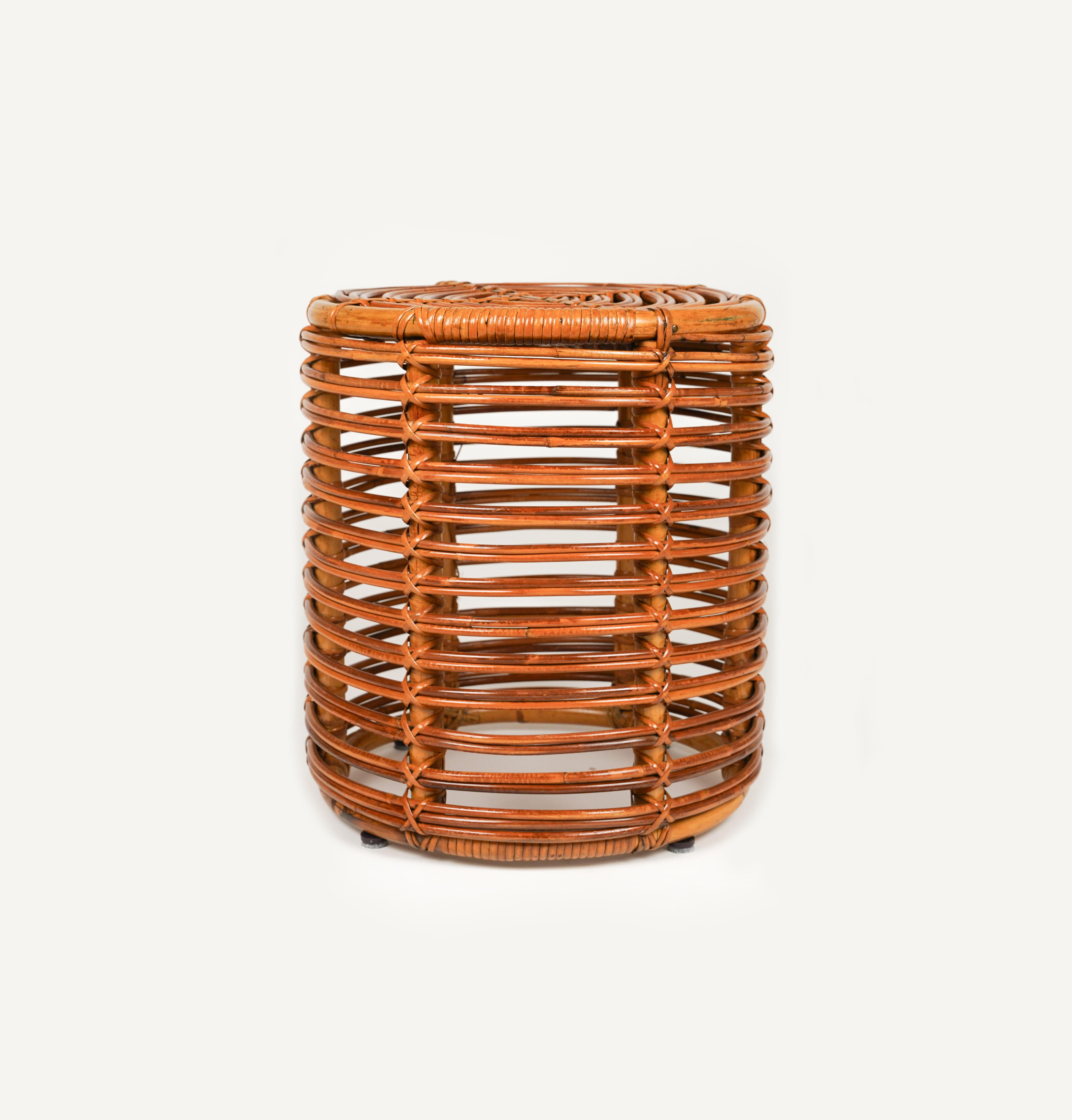 Midcentury Rattan and Bamboo Stool Pouf Tito Agnoli, Italy 1960s In Good Condition For Sale In Rome, IT