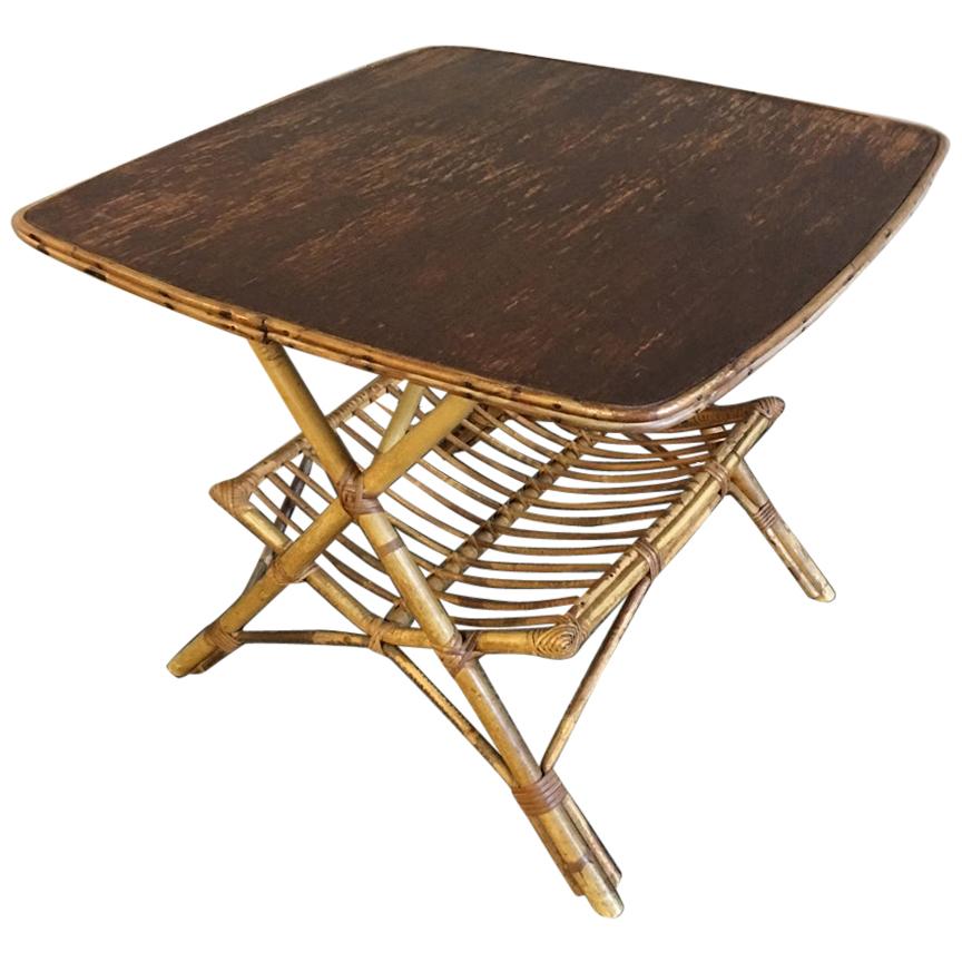 Midcentury Rattan and Bamboo Table with Magazine Rack For Sale