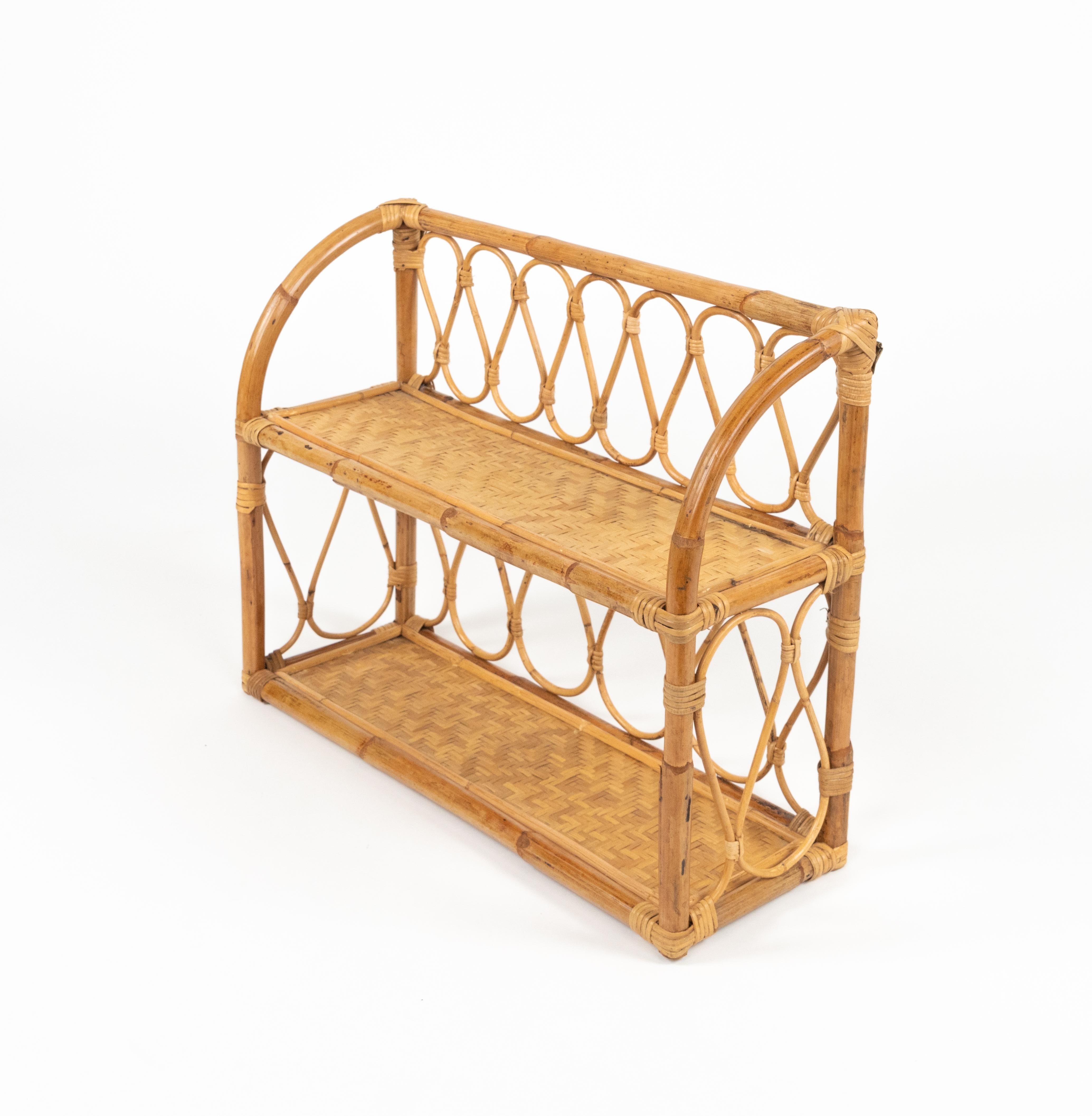Midcentury Rattan and Bamboo Two-Tier Wall Shelf, Italy 1970s For Sale 3